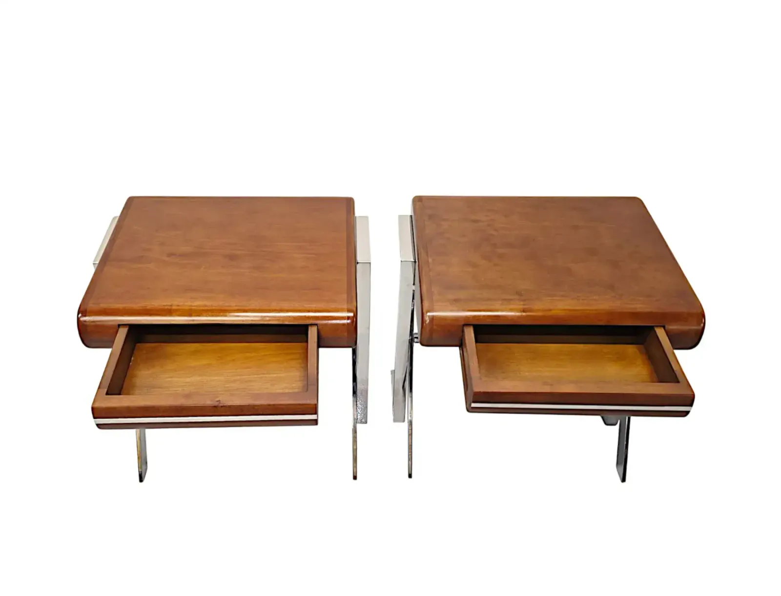 A Stunning Pair Of Contemporary Hand Made Mid Century Design Walnut And Chrome Bedside Or Side Tables photo Furniture