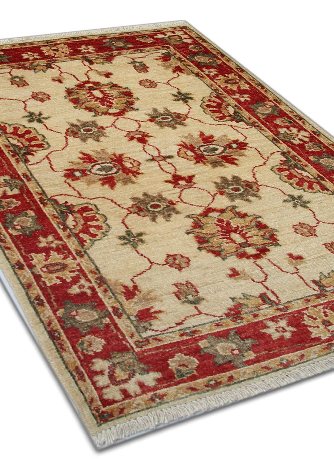 Traditional Cream Wool Rug, Small Red Floral Oriental Carpet 86x123 Cm photo vintage
