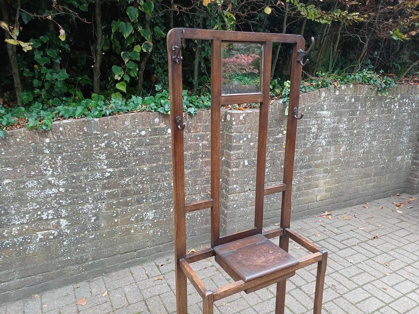 Antique Arts And  Crafts Oak Hall Stand Stick & Umbrella Stand With Mirror, 4 Hooks Lift Seat Storage And Twin Drip Trays Edwardian Entrance photo Furniture