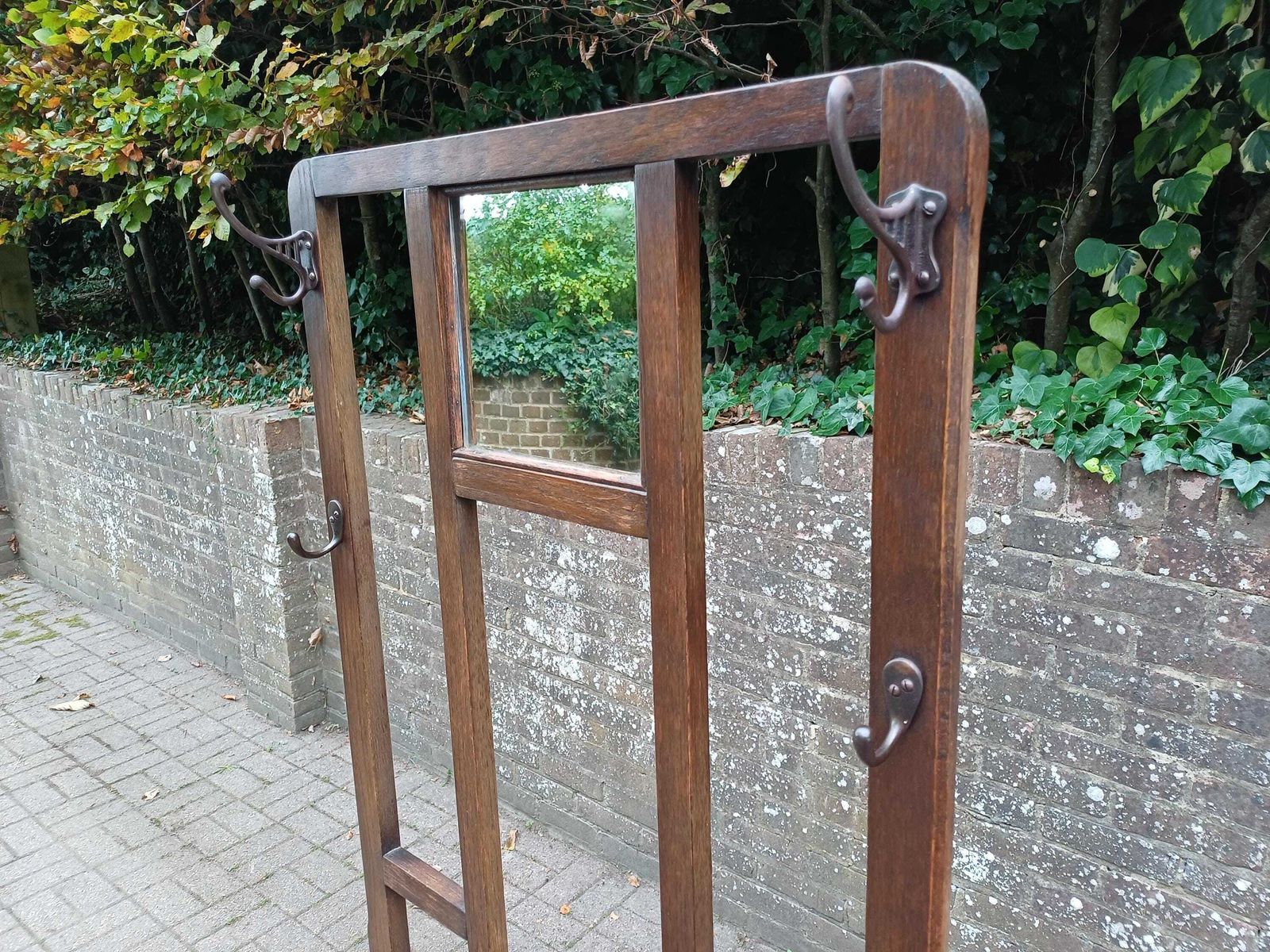 519.0 Antique Arts And  Crafts Oak Hall Stand Stick & Umbrella Stand With Mirror, 4 Hooks Lift Seat Storage And Twin Drip Trays Edwardian Entrance photo