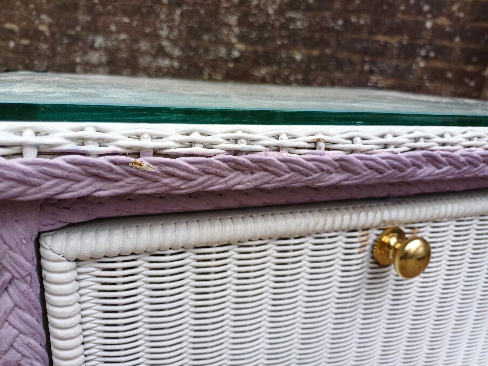 photo vinterior Genuine Lloyd Loom Laundry Bin With Glass Top – Vintage White & Lilac Wicker Hamper Cabinet, Brass Knob, Bathroom/Bedroom Storage Side Table