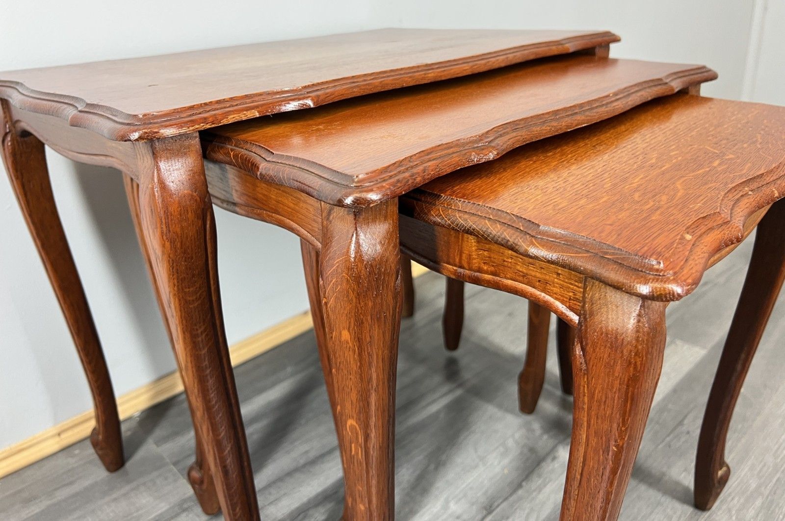 Vintage French Louis XIV Oak Set Of Three Nested Carved Tables Lot 4426 photo Furniture