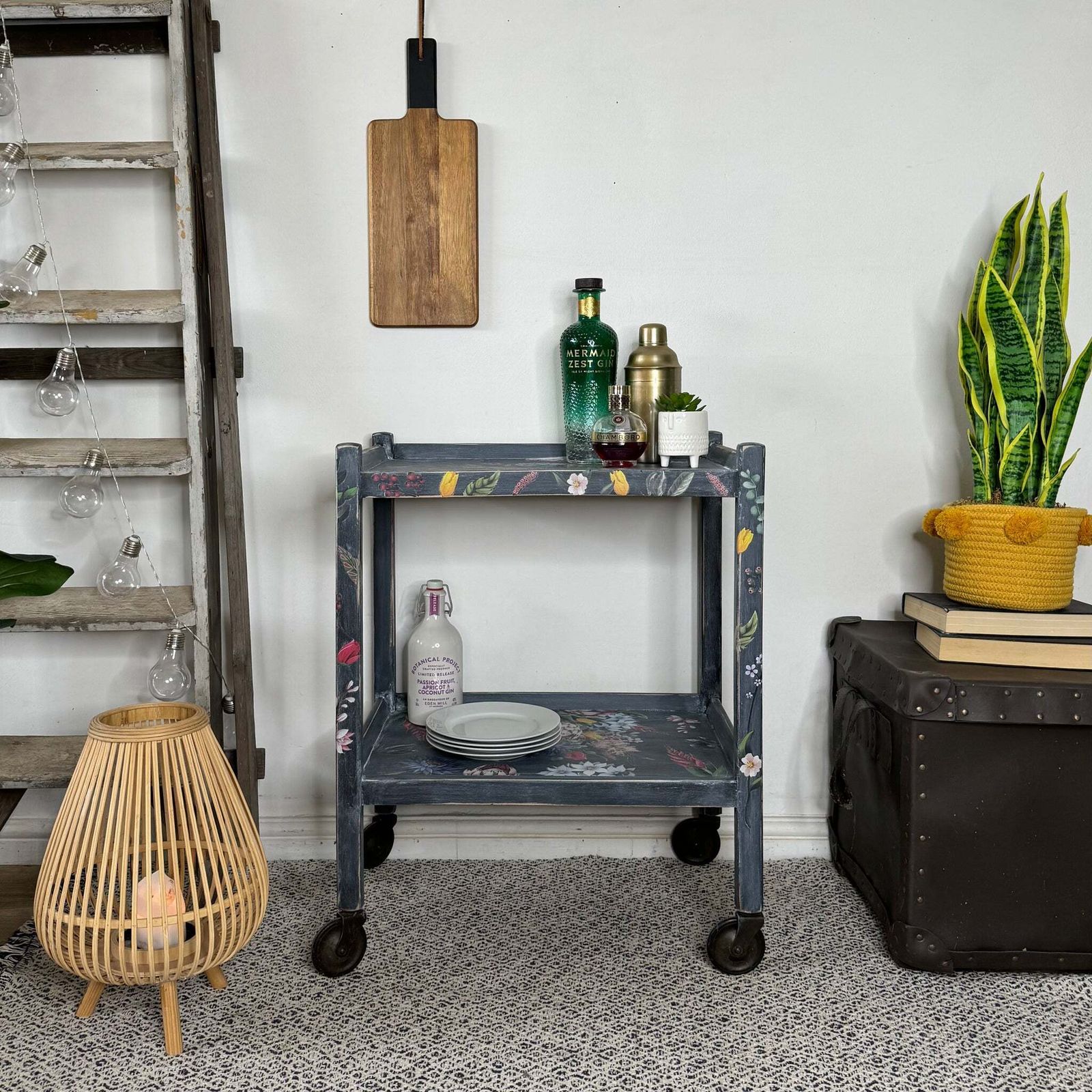 Vintage Bar Cart / Drinks Tea Trolley Painted Grey And Floral photo for sale