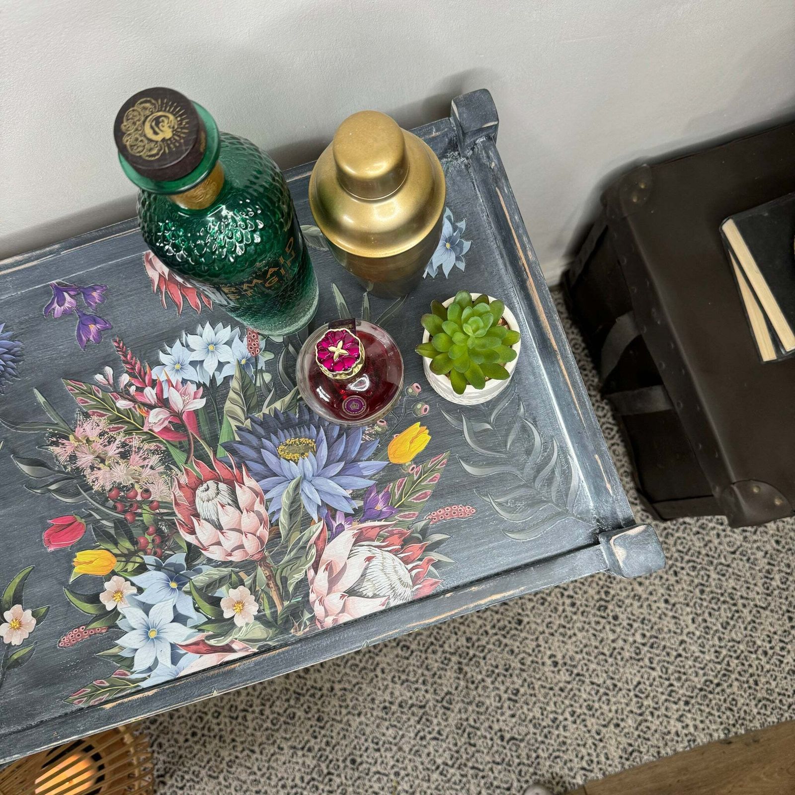 Vintage Bar Cart / Drinks Tea Trolley Painted Grey And Floral photo vintage