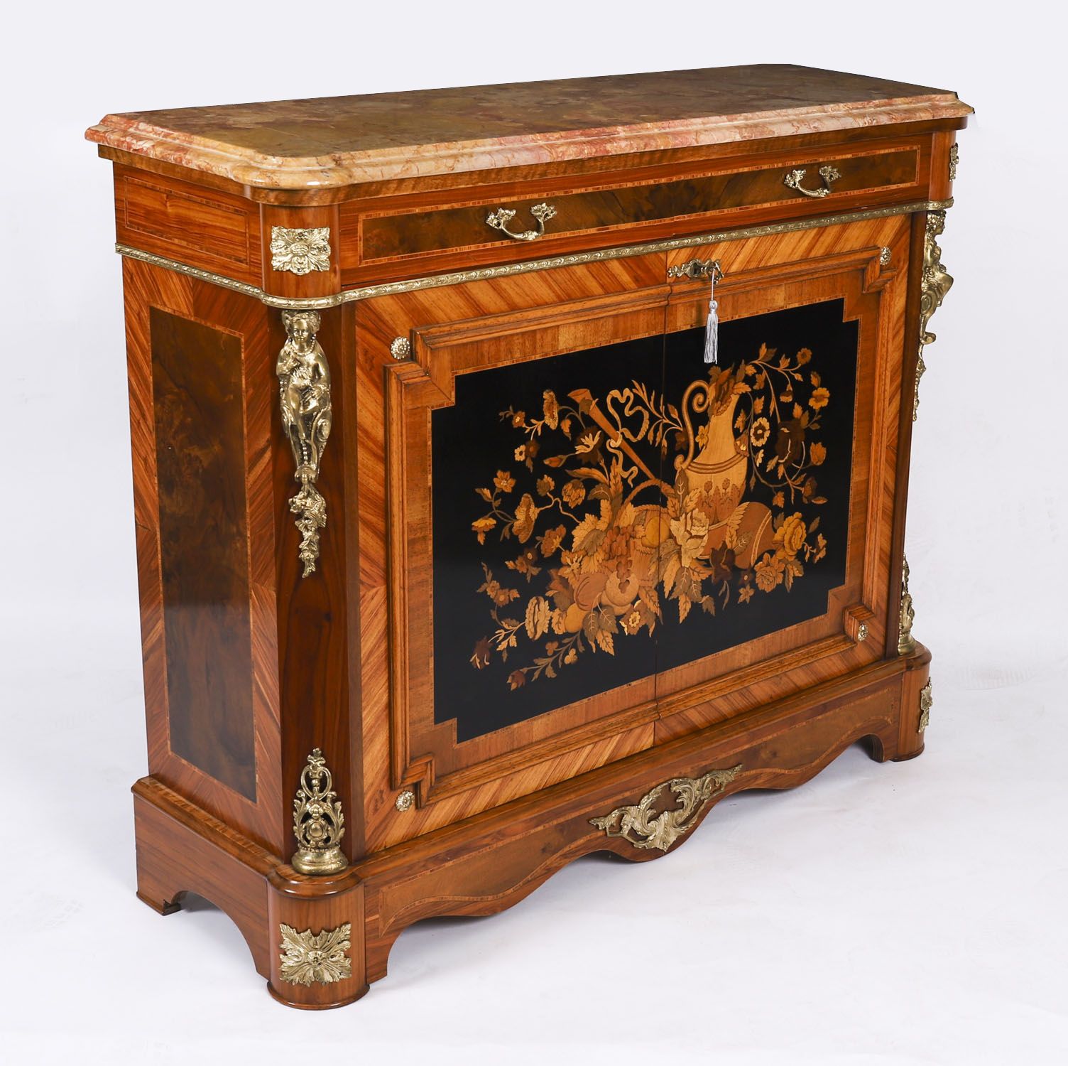 Antique French Floral Marquetry Marble Topped Side Cabinet Circa 1900