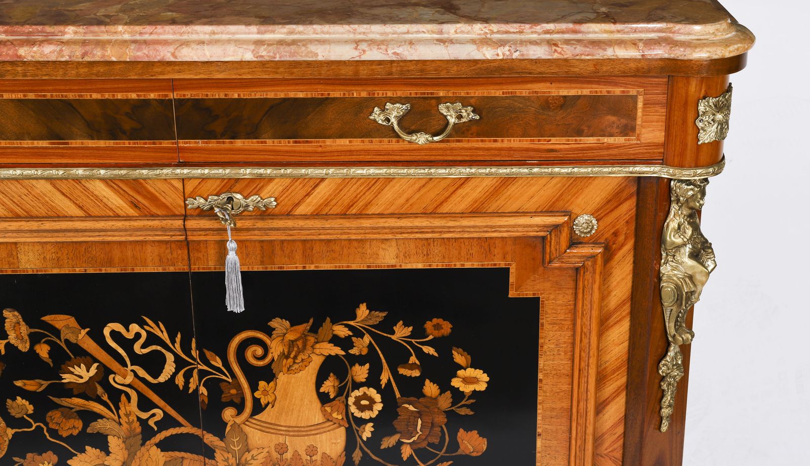 photo for sale Antique French Floral Marquetry Marble Topped Side Cabinet Circa 1900