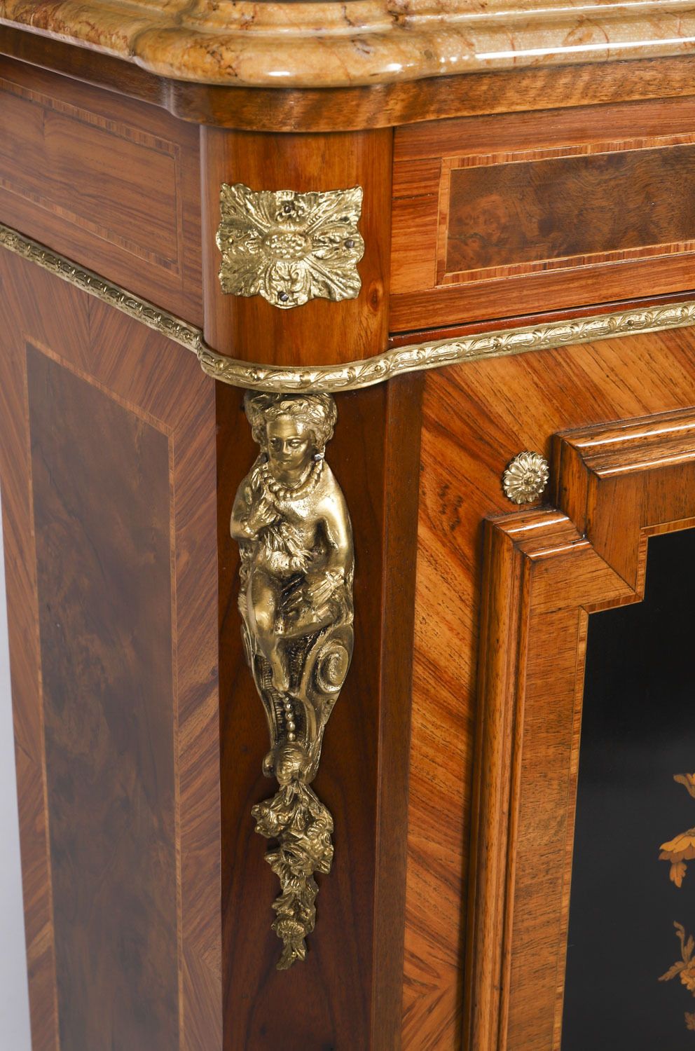 Furniture Antique French Floral Marquetry Marble Topped Side Cabinet Circa 1900 photo
