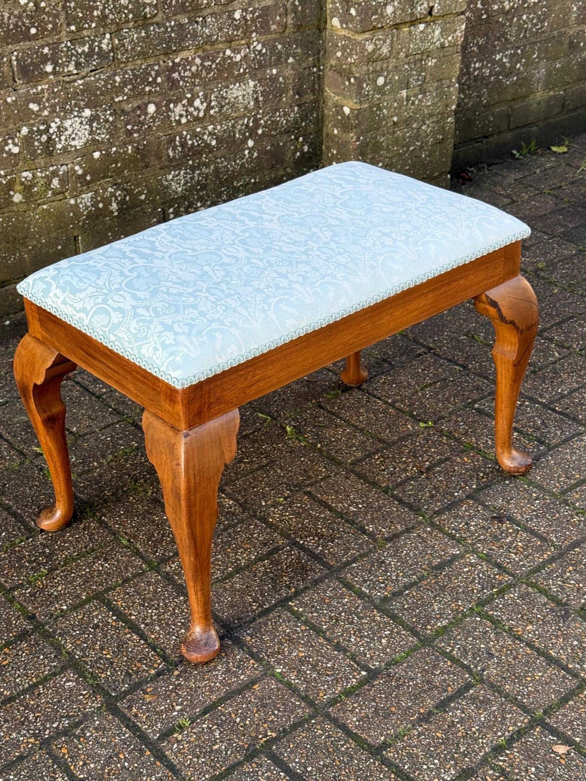 Vintage 1950s Morris Of Glasgow Queen Anne Style Stool, Re Upholstered Mahogany Bench, Mid Century Vanity Seat Blue Damask Fabric photo furniture