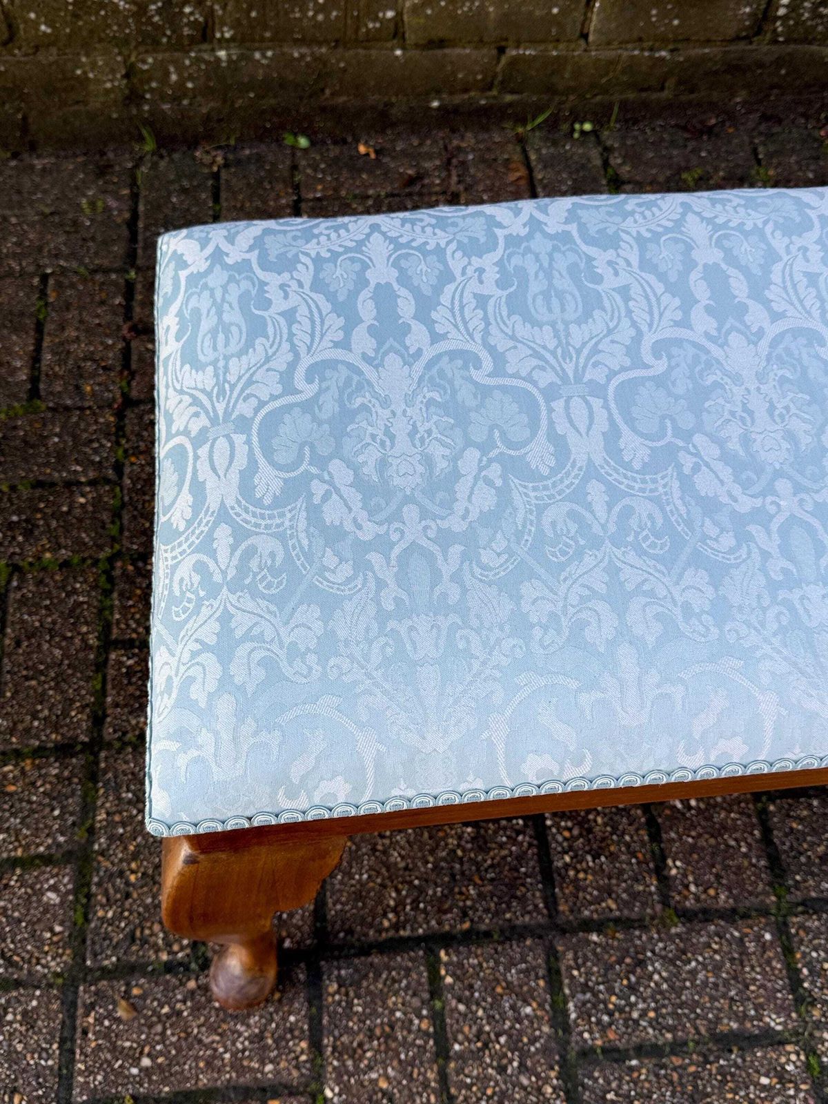Vintage 1950s Morris Of Glasgow Queen Anne Style Stool, Re Upholstered Mahogany Bench, Mid Century Vanity Seat Blue Damask Fabric photo buy