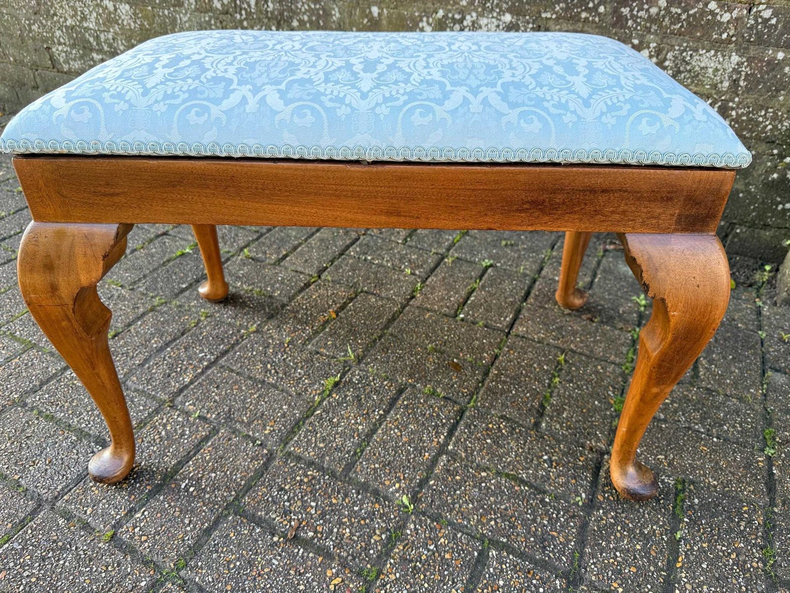 photo for sale Vintage 1950s Morris Of Glasgow Queen Anne Style Stool, Re Upholstered Mahogany Bench, Mid Century Vanity Seat Blue Damask Fabric