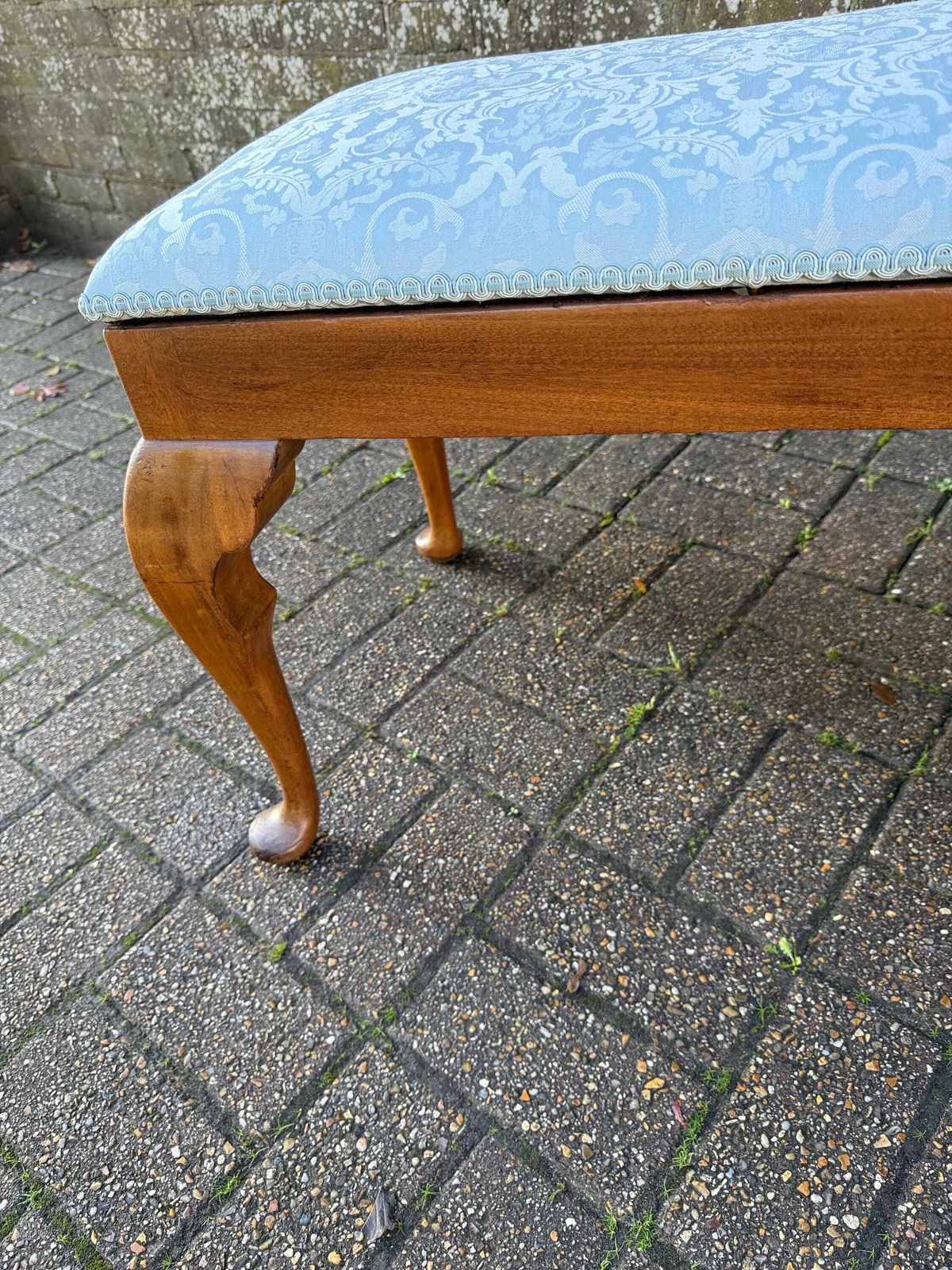 photo buy Vintage 1950s Morris Of Glasgow Queen Anne Style Stool, Re Upholstered Mahogany Bench, Mid Century Vanity Seat Blue Damask Fabric