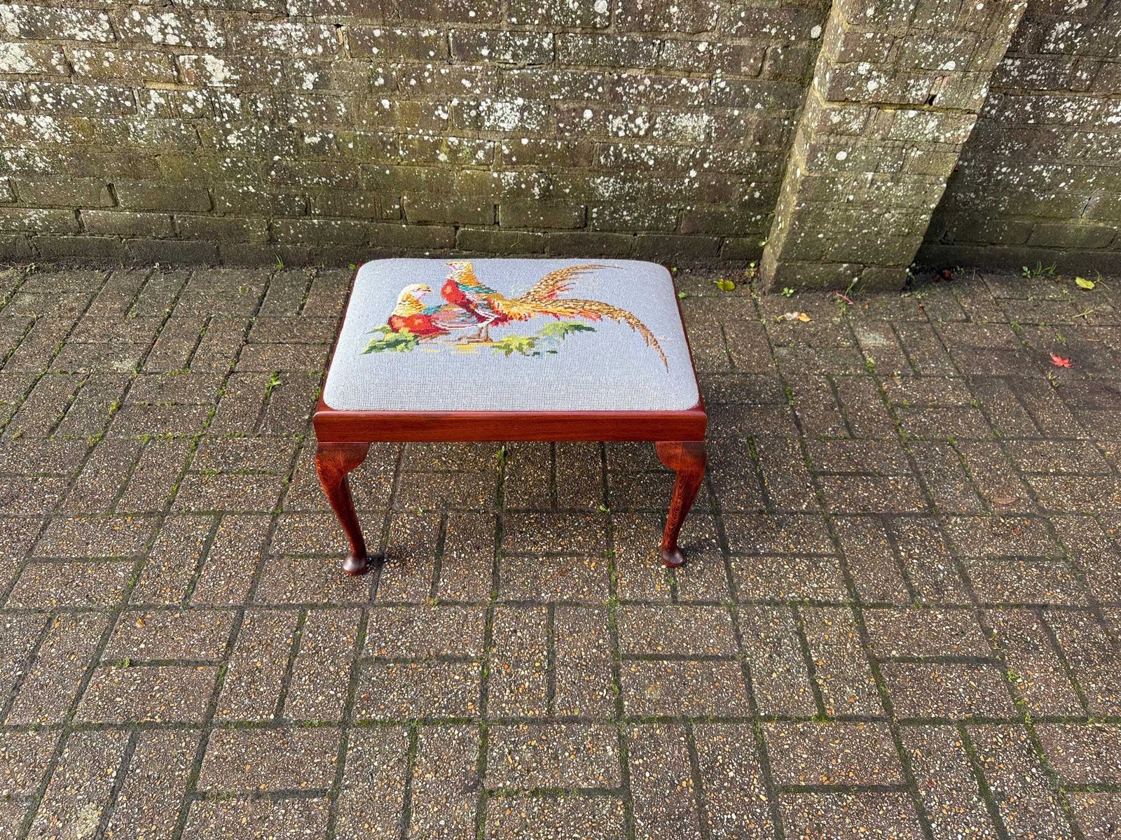 photo buy Vintage Queen Anne Needlepoint Stool, Luxury Needlepoint Tapestries London Mahogany Vanity Seat With Pheasant Design, Vintage Stool Cabriole