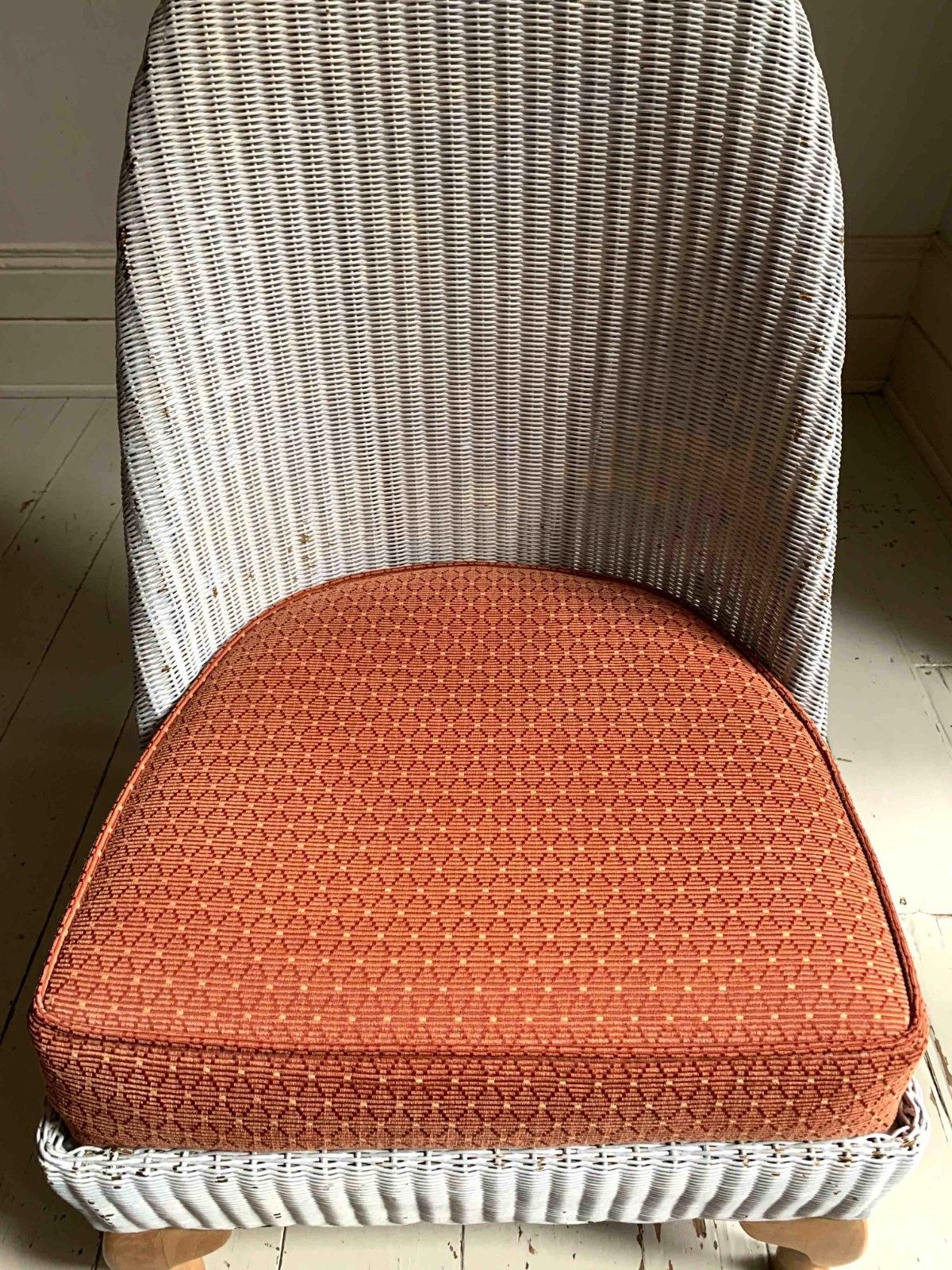 79.0 Vintage Lloyd Loom Style Wicker Bedroom Chair, Painted White Upholstered Cushion photo