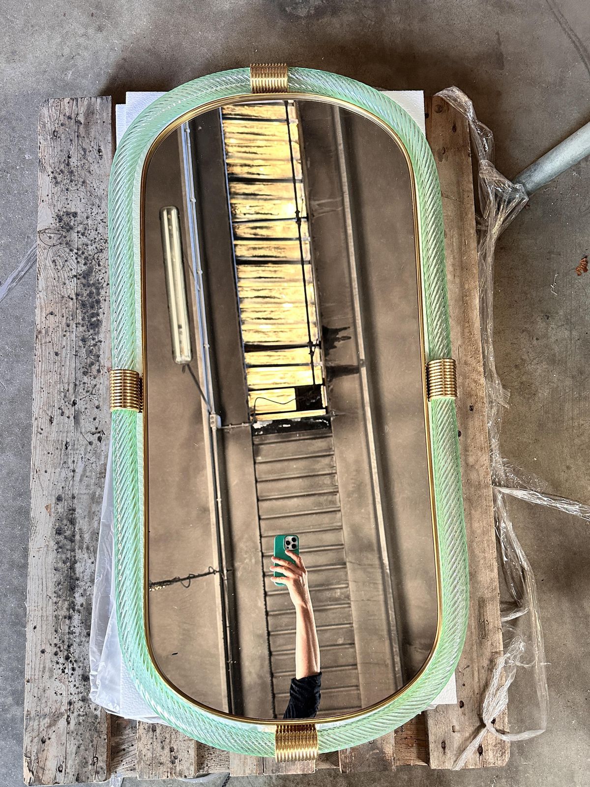 Luxury Italian Mirror In Green Wather “Torchon” Torciglione Murano Glass By Simoeng photo buy