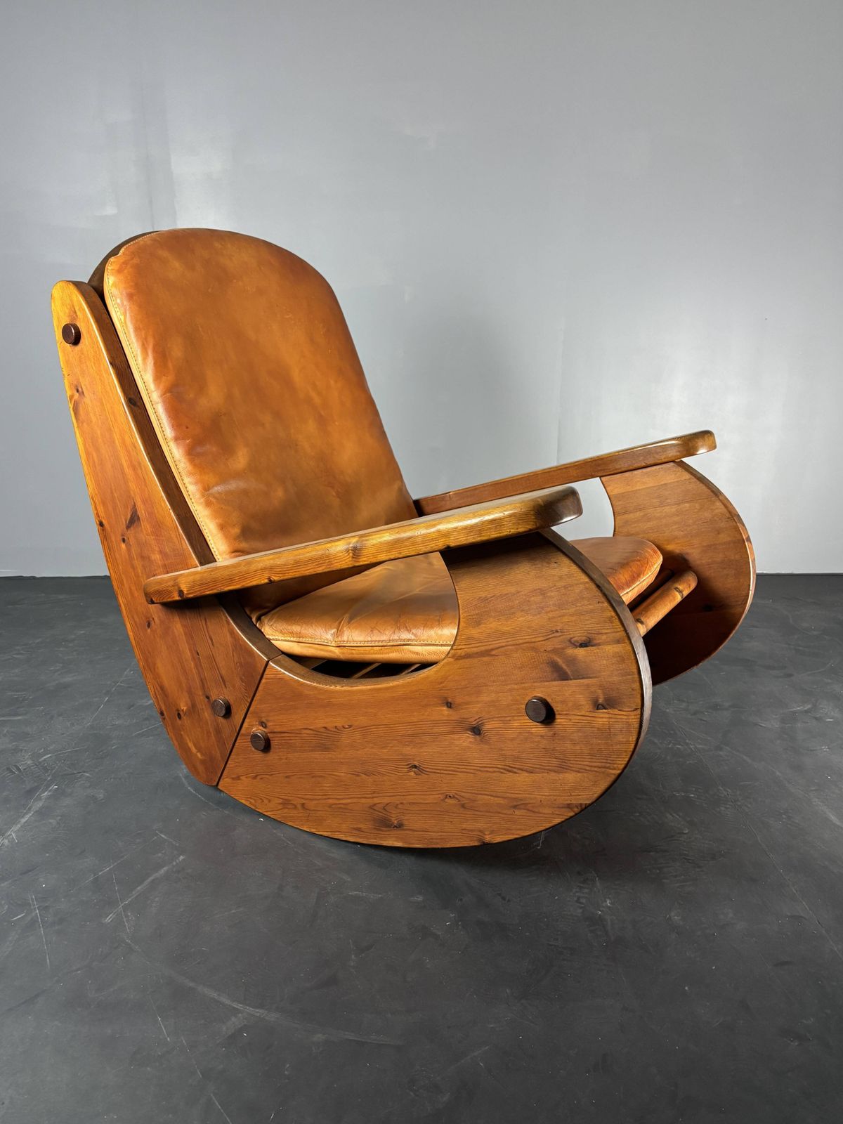 Brutalist Pine Rocking Lounge Chair With Leather Seat By Wasa 1984 photo for sale