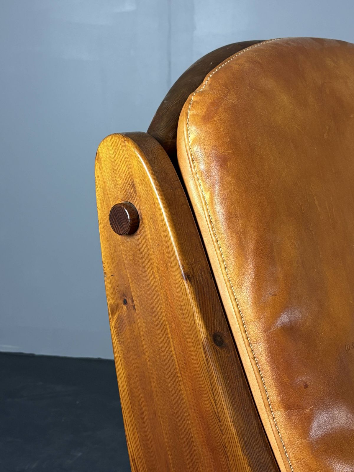 Brutalist Pine Rocking Lounge Chair With Leather Seat By Wasa 1984 photo buy