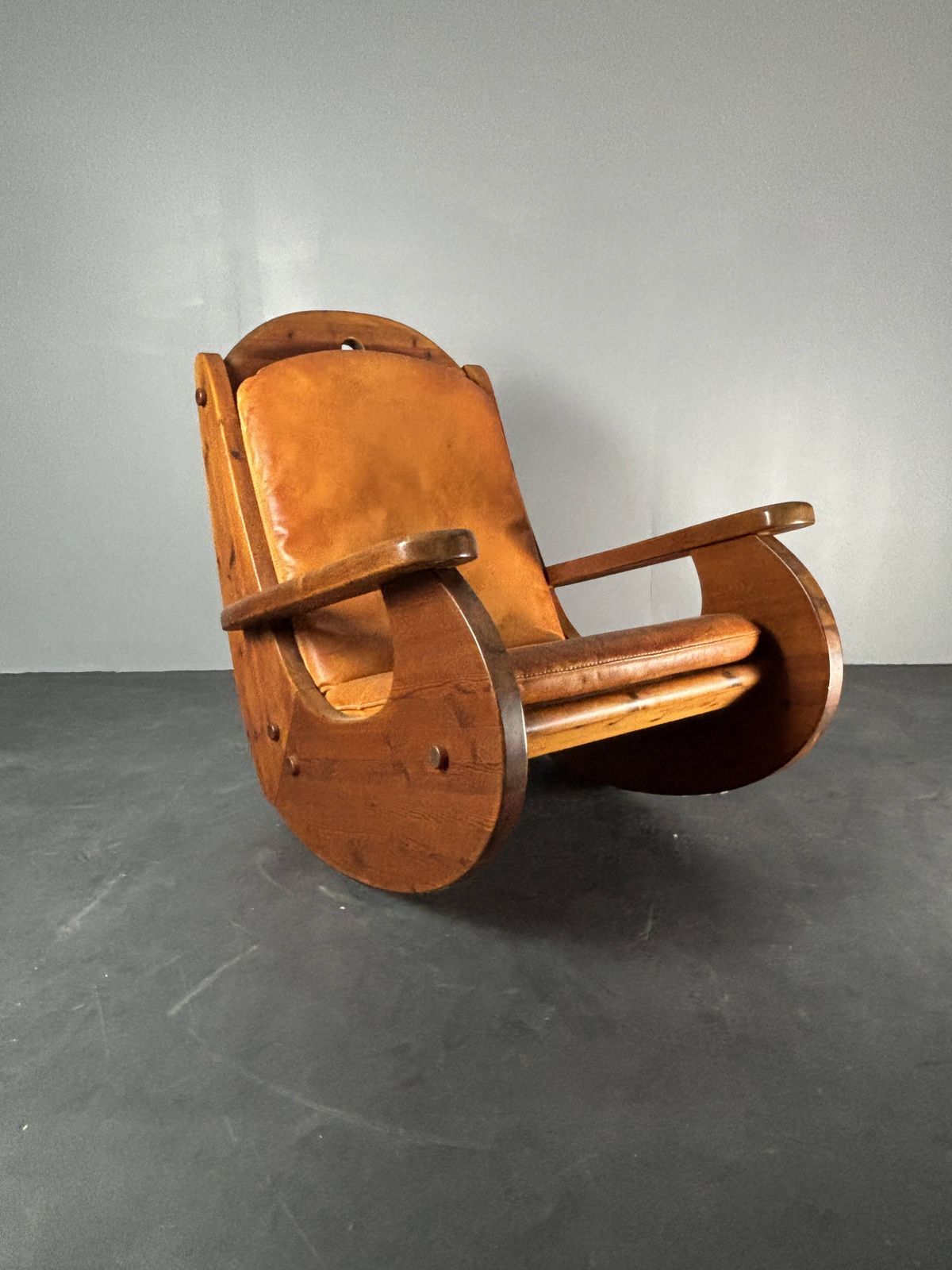 Furniture Brutalist Pine Rocking Lounge Chair With Leather Seat By Wasa 1984 photo
