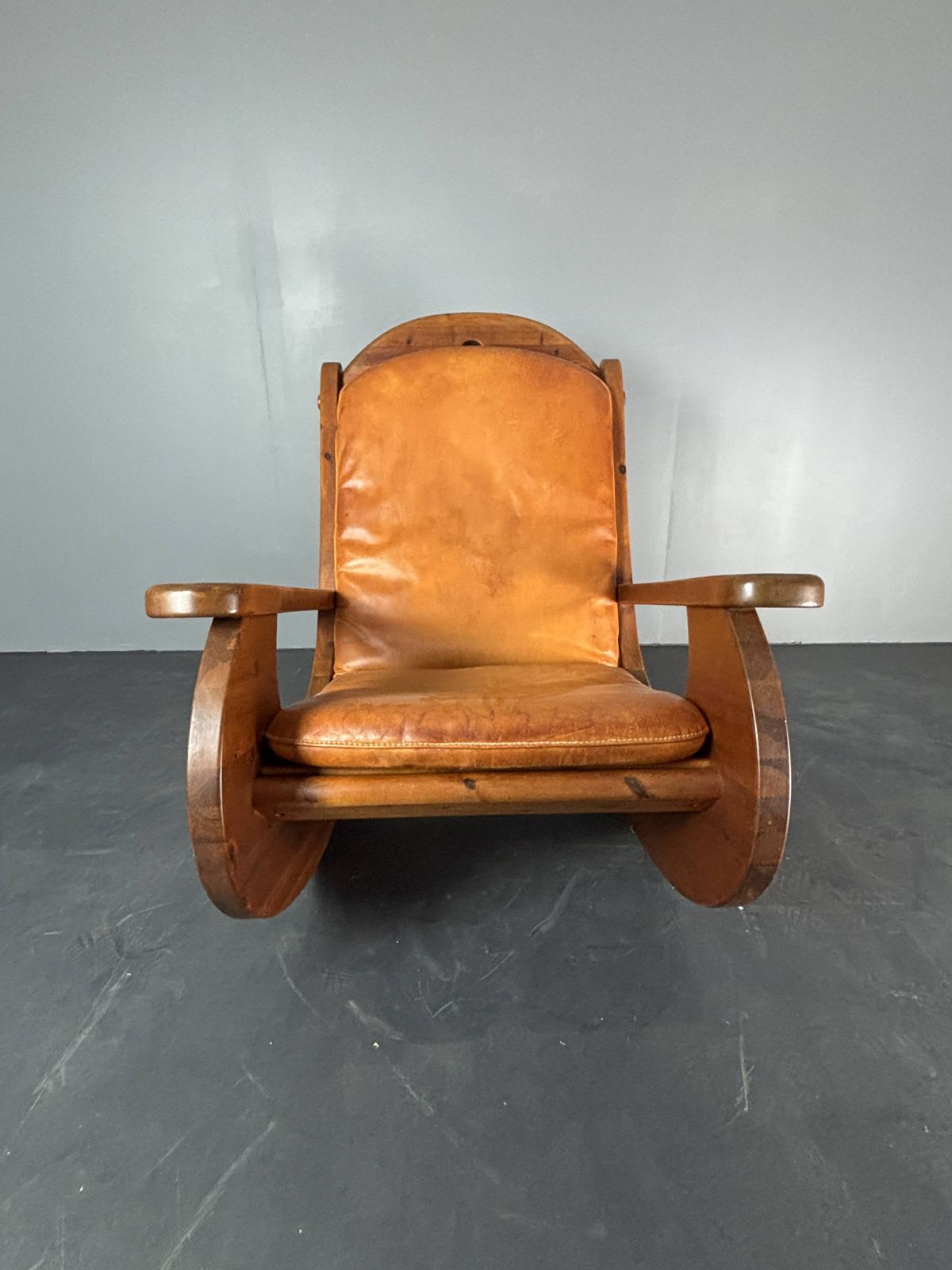 photo vinterior Brutalist Pine Rocking Lounge Chair With Leather Seat By Wasa 1984