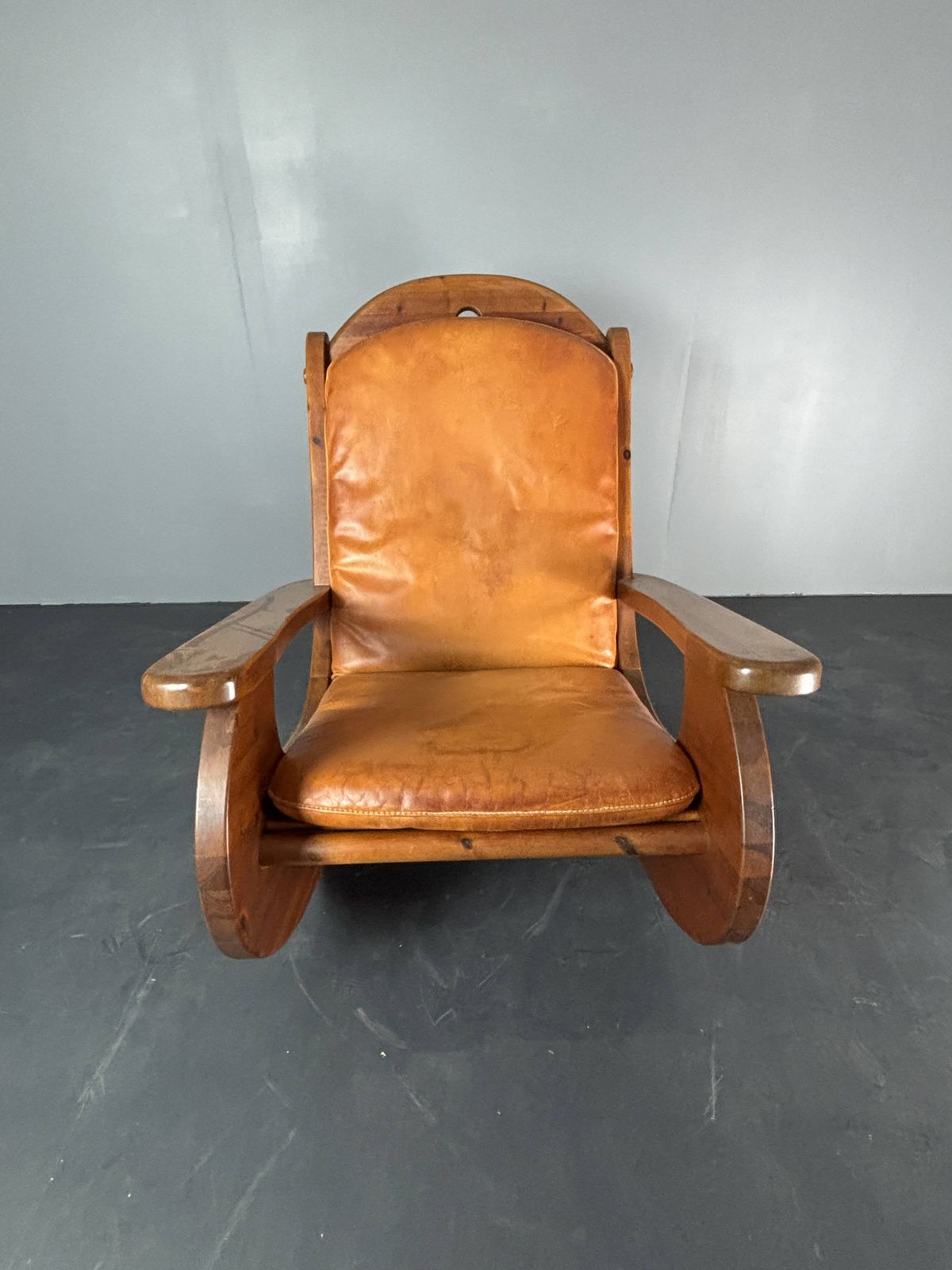 photo buy Brutalist Pine Rocking Lounge Chair With Leather Seat By Wasa 1984