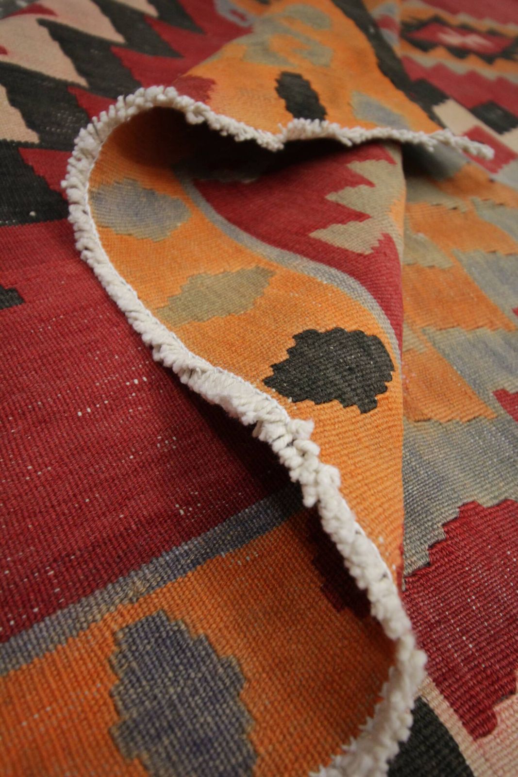 Vintage Red And Orange Kilim Rug From The 1980s, Flat Weave Tribal Wool Rug, 287 X 150 Cm photo vinterior