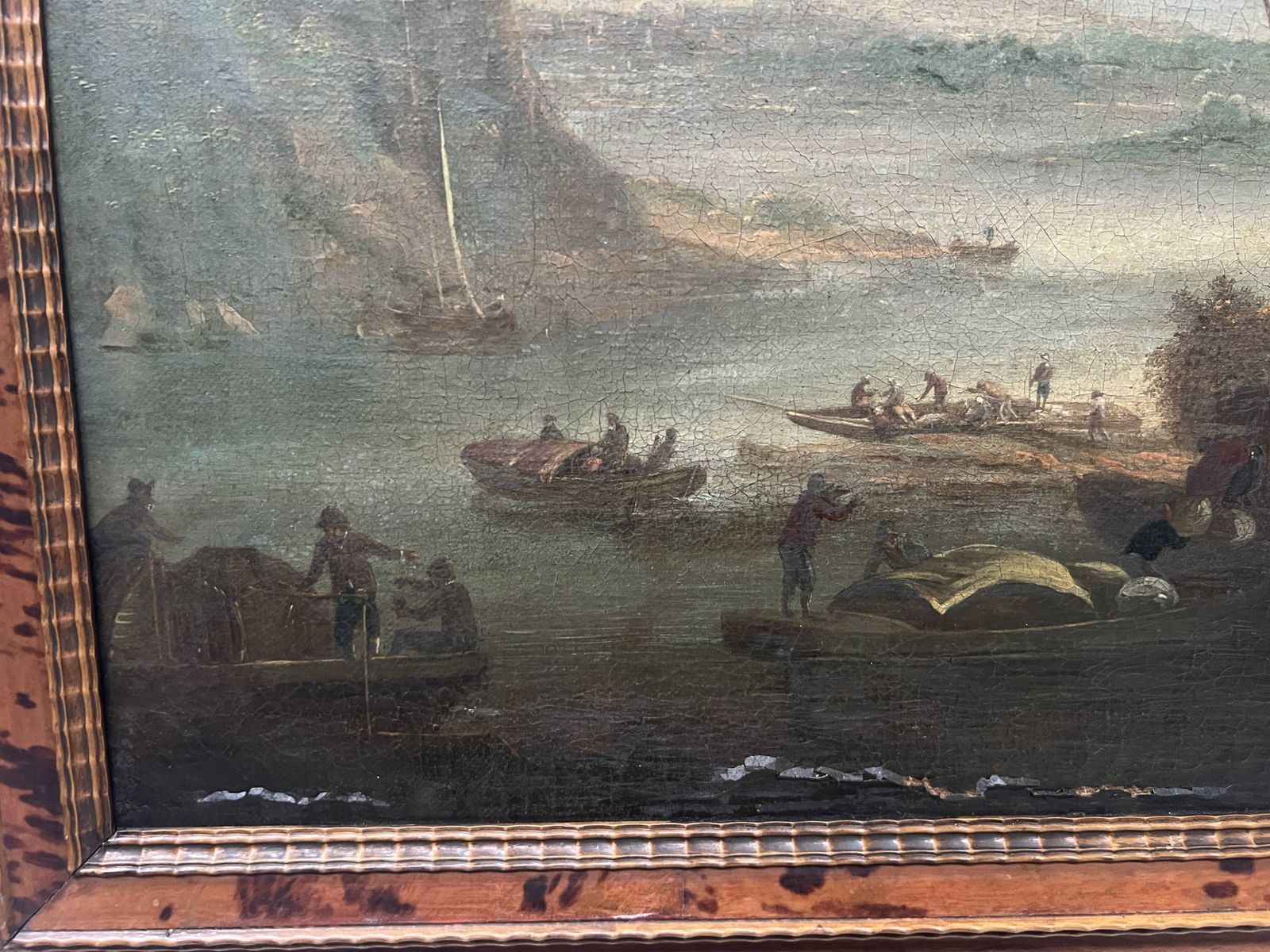 Art Oil On Canvas "Seascape And Mountains" 19th Century photo