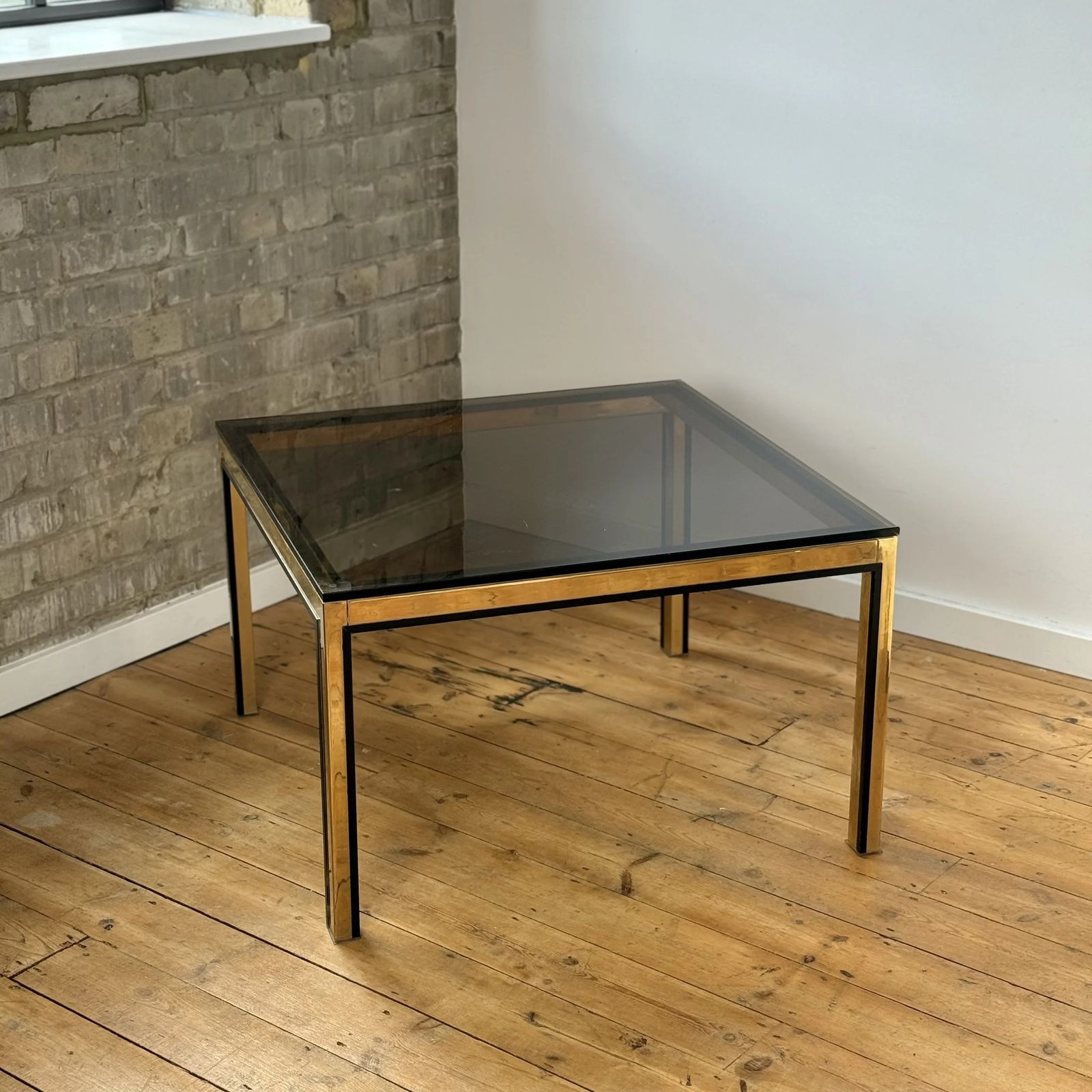 Romeo Rega Style Italian Gold And Black Border Smoked Glass Coffee Table, 1970 photo Furniture