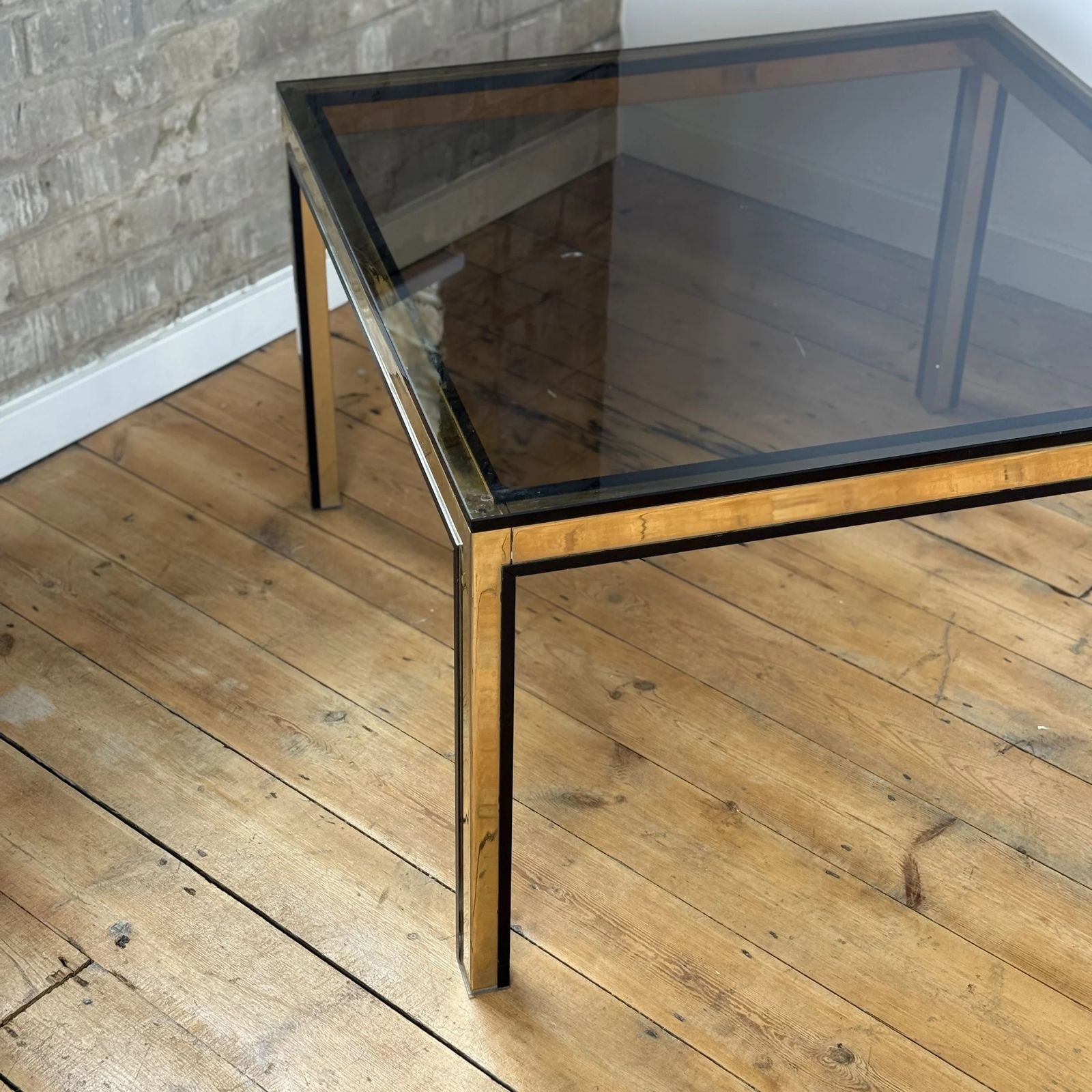 Romeo Rega Style Italian Gold And Black Border Smoked Glass Coffee Table, 1970 photo 150.0