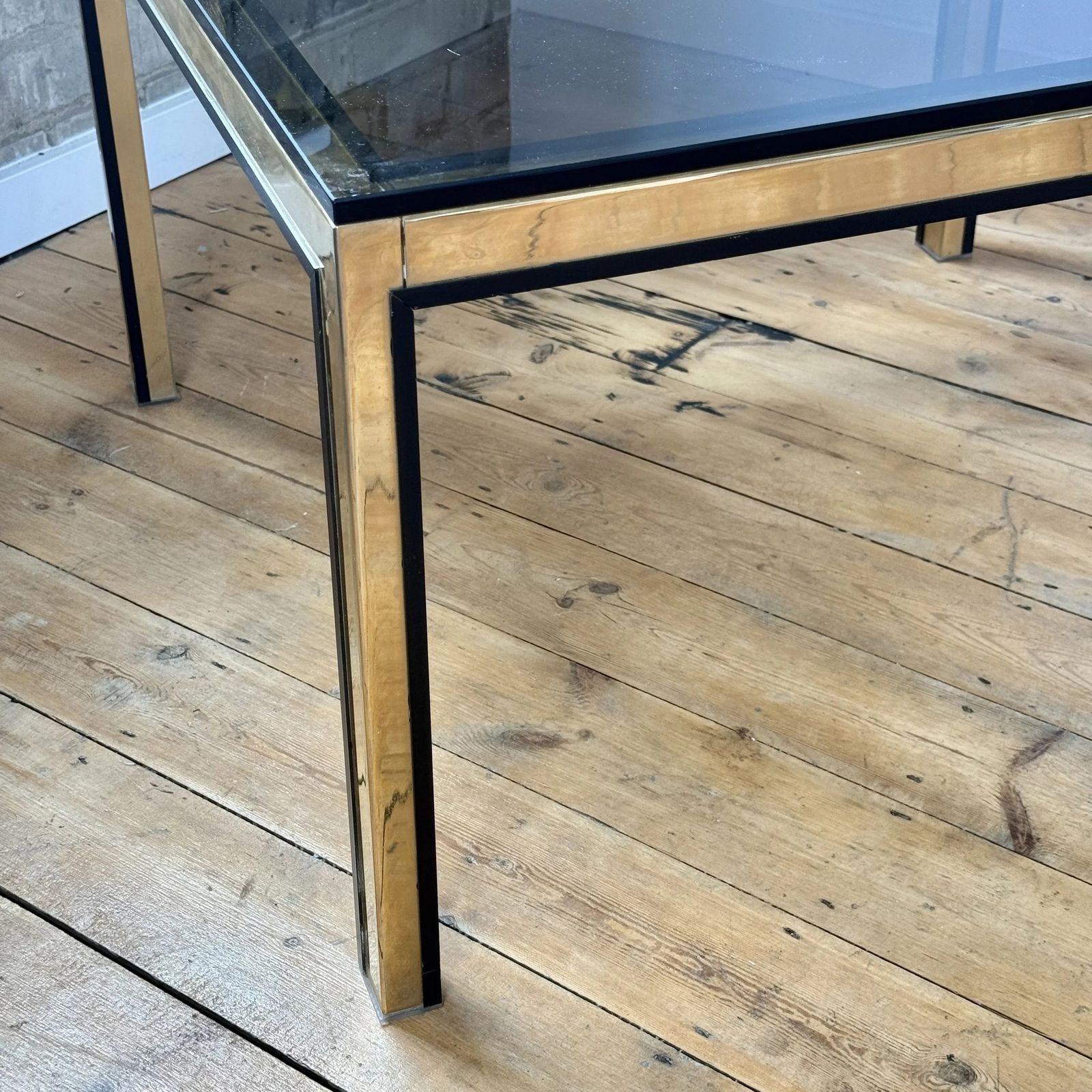 Romeo Rega Style Italian Gold And Black Border Smoked Glass Coffee Table, 1970 photo vinterior