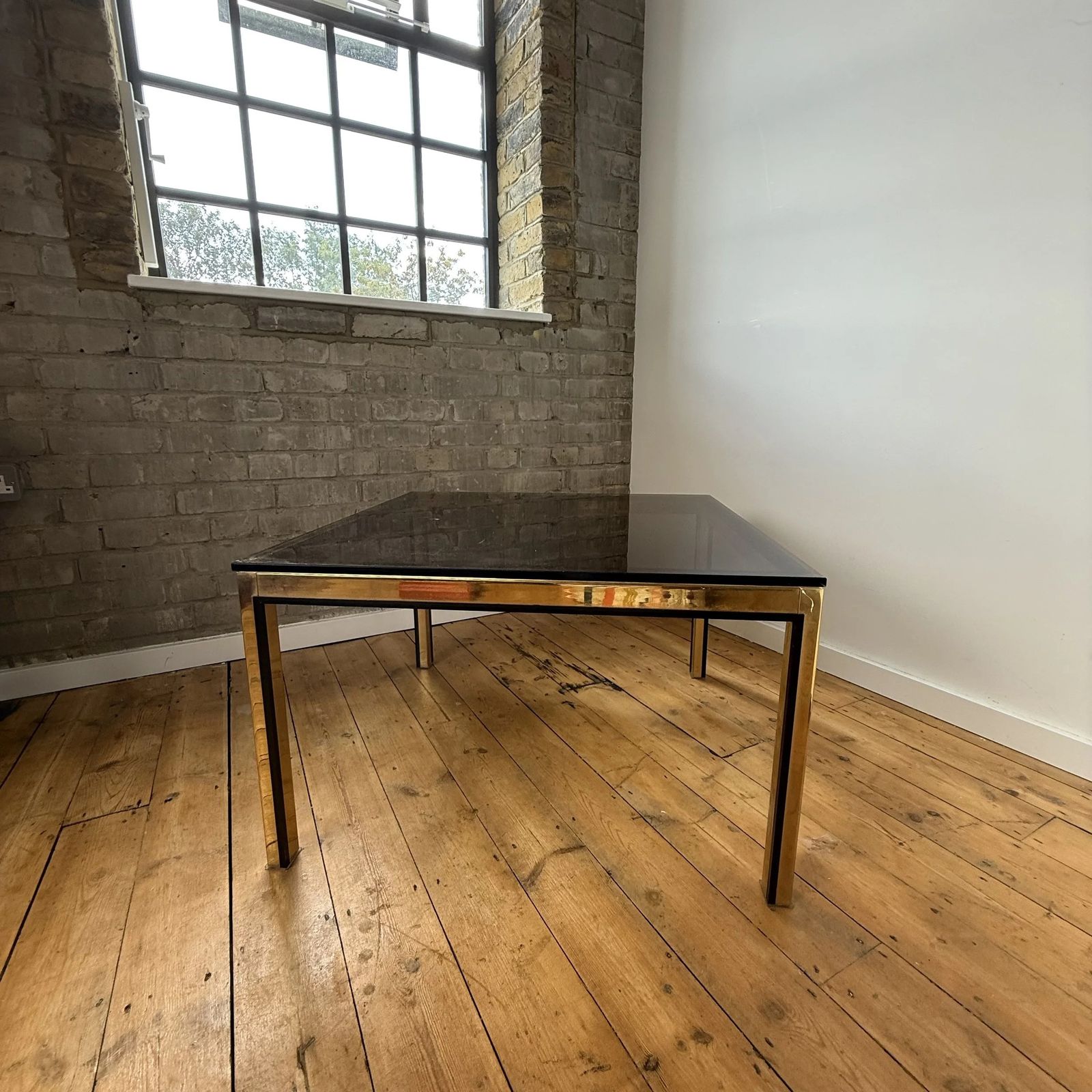Romeo Rega Style Italian Gold And Black Border Smoked Glass Coffee Table, 1970 photo vintage