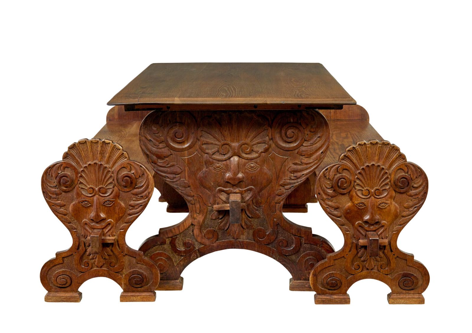 Flemish 19th Century Carved Oak Gothic Revival Dining Table And Benches photo vintage