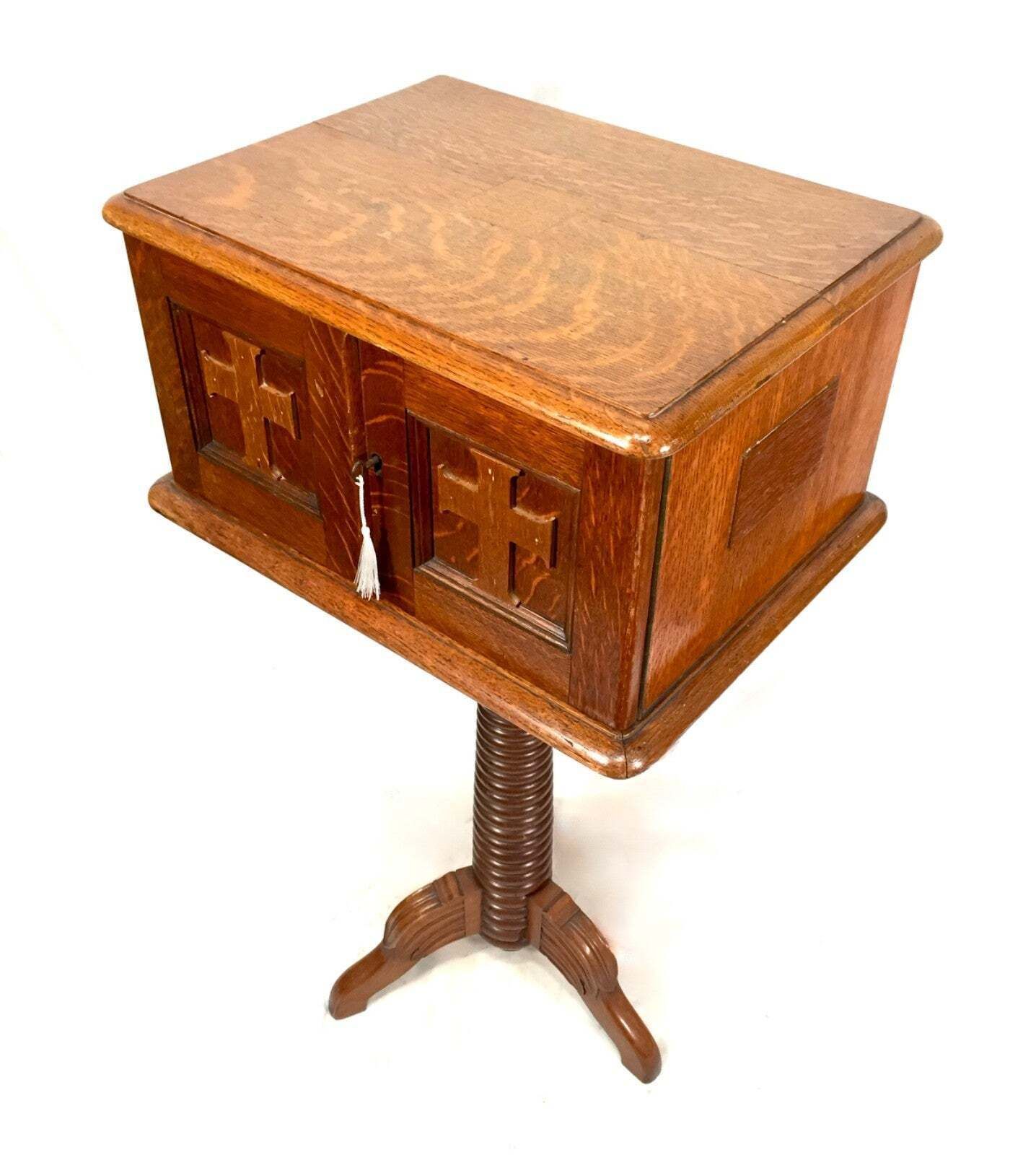 Antique Wooden Church Used Storage Box Stand With Key Salvaged & Repurposed photo buy