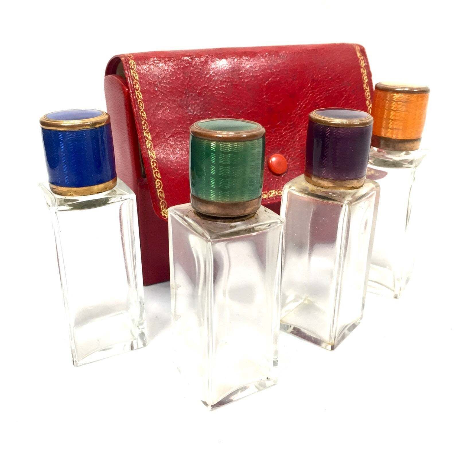 Antique Art Deco Glass Travel Fragrance Perfume Scent Bottle Set & Enamel Lids photo for sale