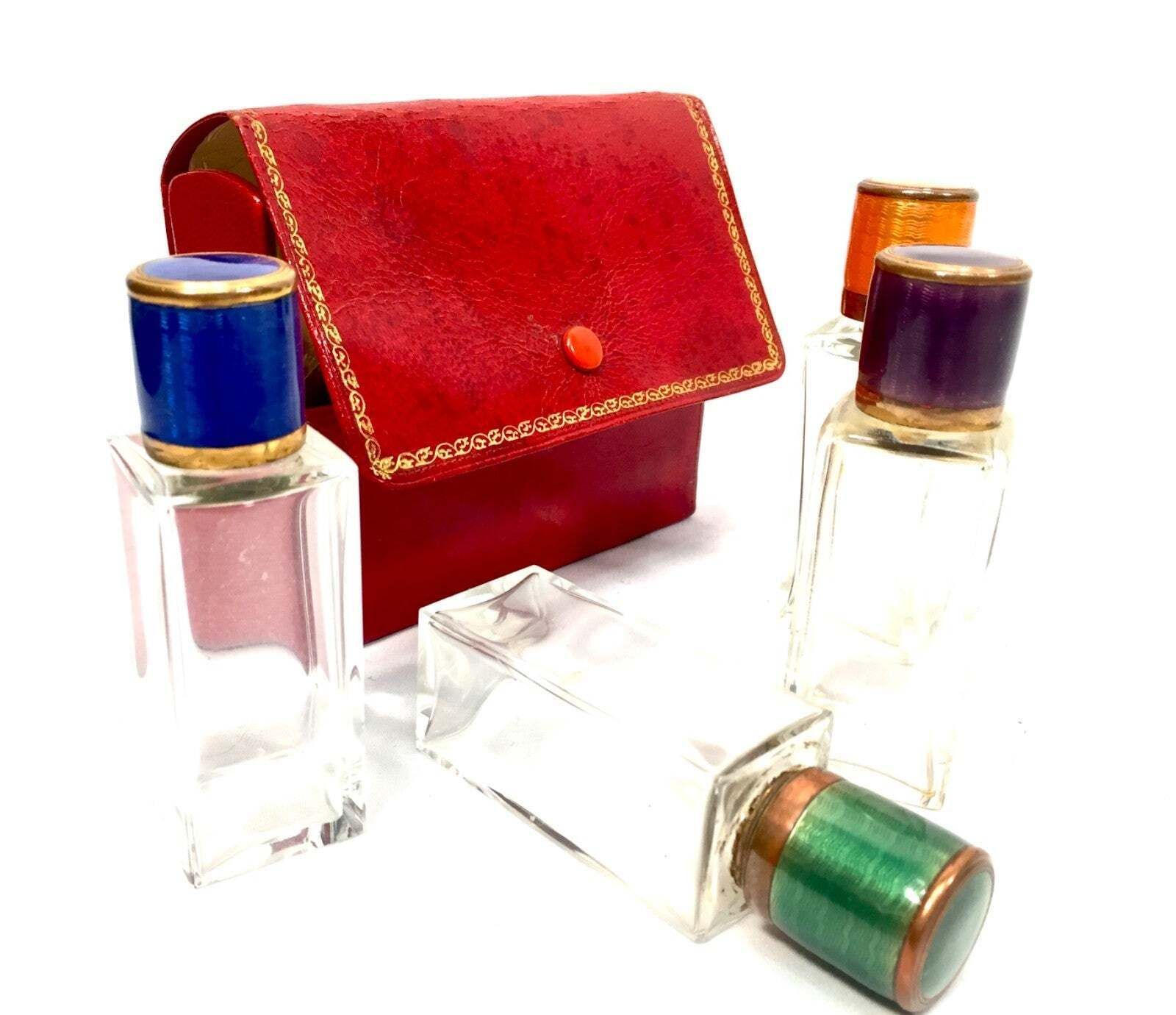 photo furniture Antique Art Deco Glass Travel Fragrance Perfume Scent Bottle Set & Enamel Lids