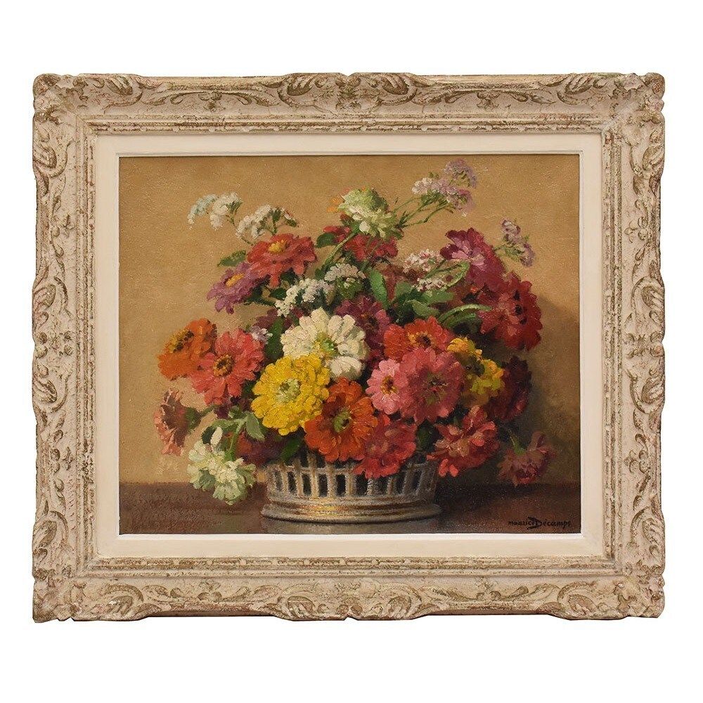 Flowers Art Deco Still Life Painting, Zinnias And Gerberas, Oil On Canvas, XX.