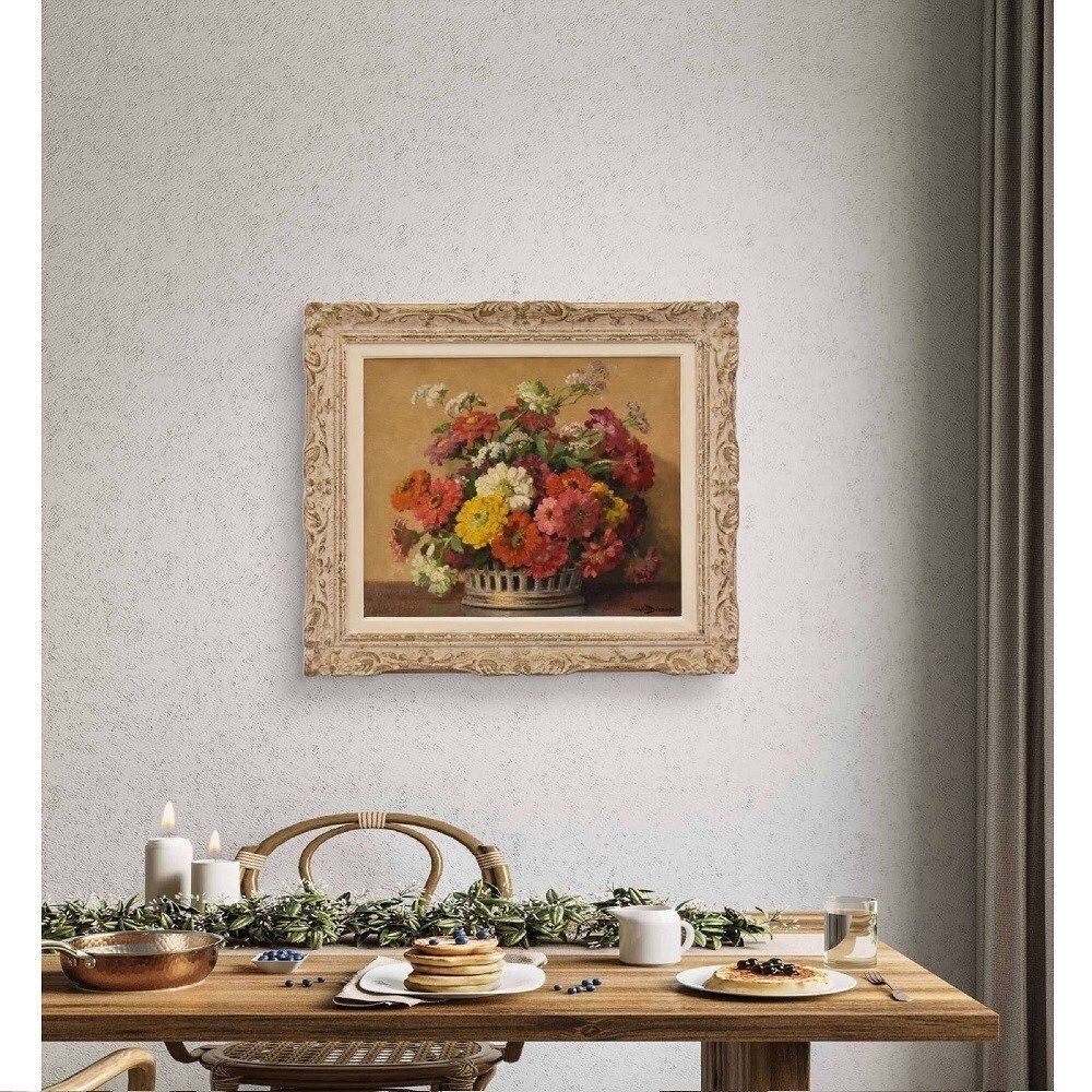 Flowers Art Deco Still Life Painting, Zinnias And Gerberas, Oil On Canvas, XX. photo furniture