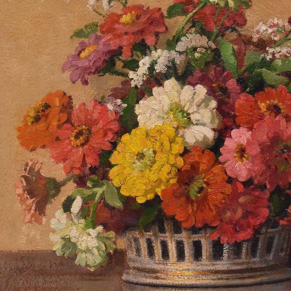 Flowers Art Deco Still Life Painting, Zinnias And Gerberas, Oil On Canvas, XX. photo Art