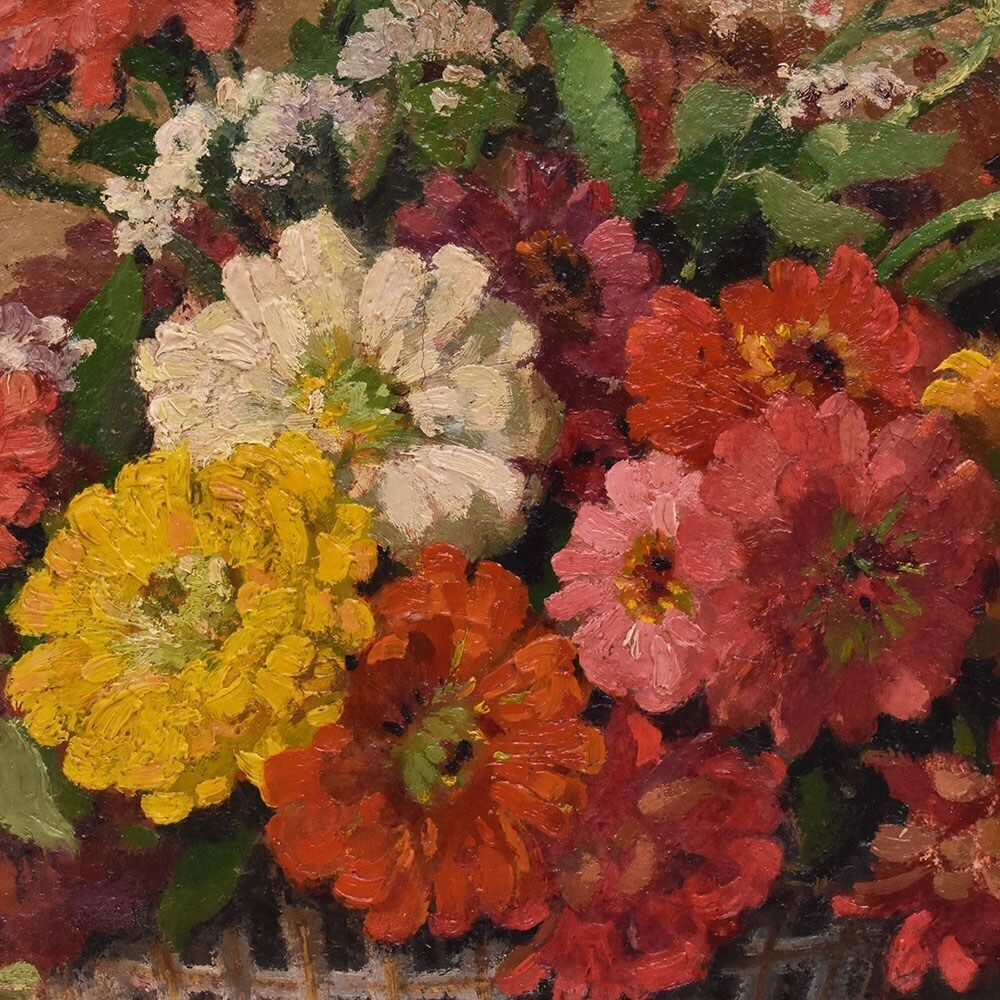 Flowers Art Deco Still Life Painting, Zinnias And Gerberas, Oil On Canvas, XX. photo 1800.0