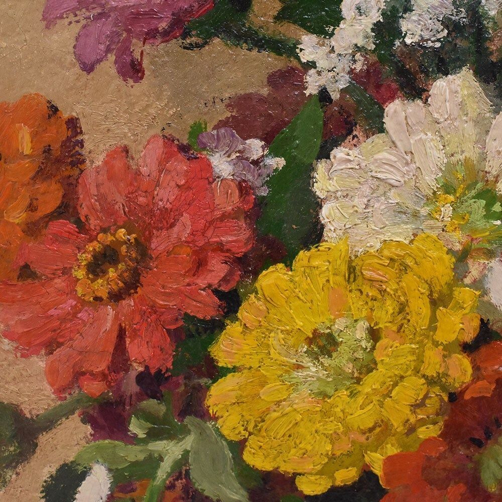Flowers Art Deco Still Life Painting, Zinnias And Gerberas, Oil On Canvas, XX. photo vintage