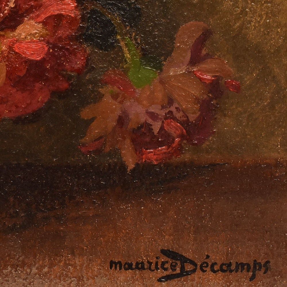 photo furniture Flowers Art Deco Still Life Painting, Zinnias And Gerberas, Oil On Canvas, XX.