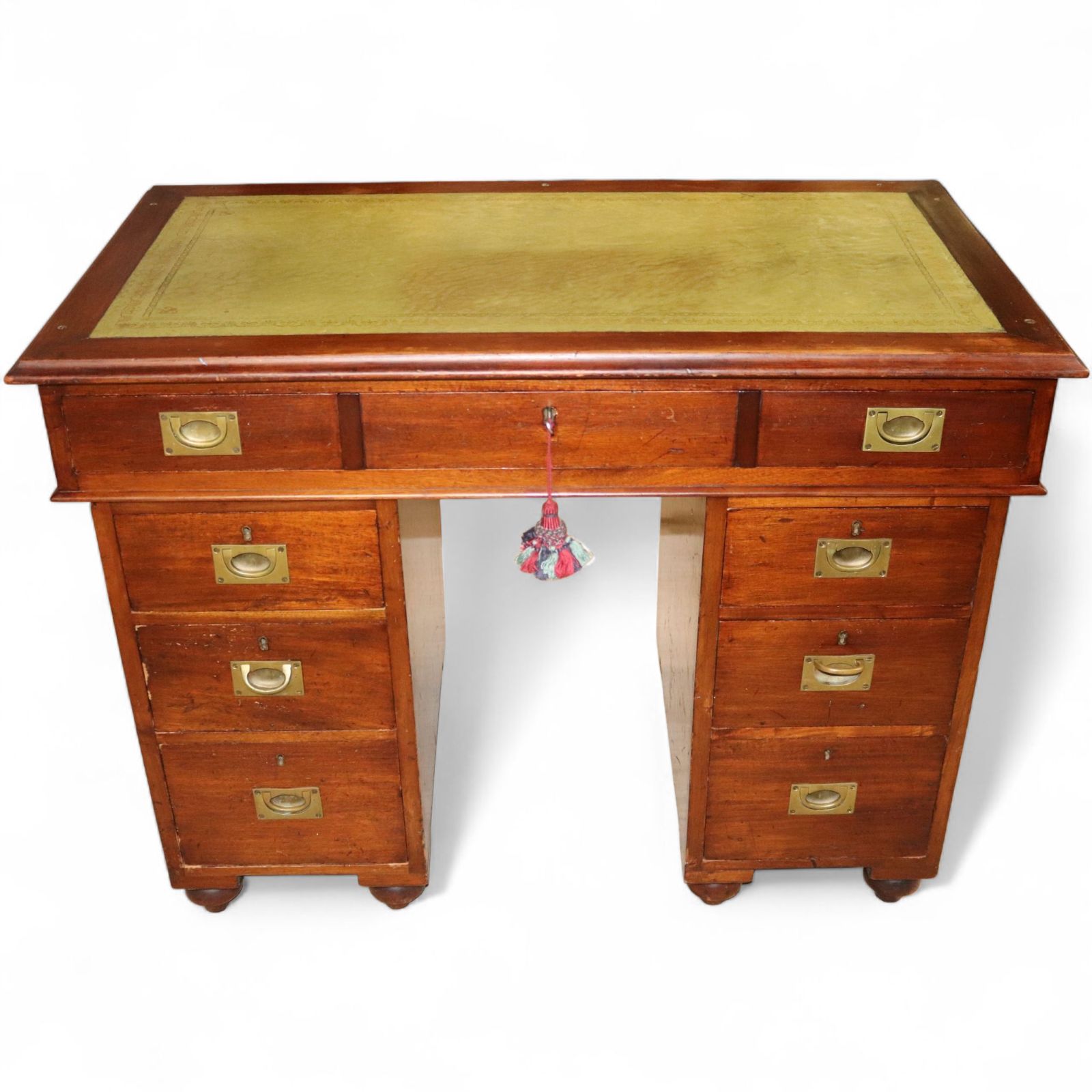 photo furniture Vintage Mahogany Military Campaign Style Leather Top Pedestal Writing Desk