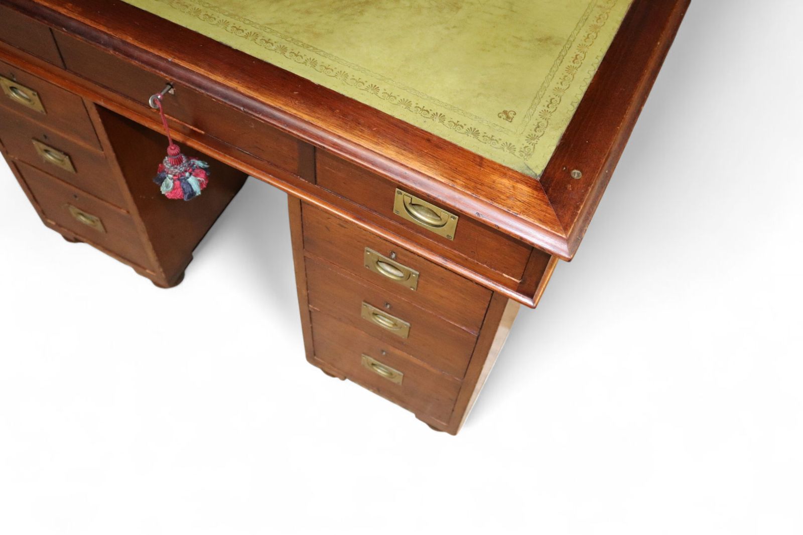 Furniture Vintage Mahogany Military Campaign Style Leather Top Pedestal Writing Desk photo