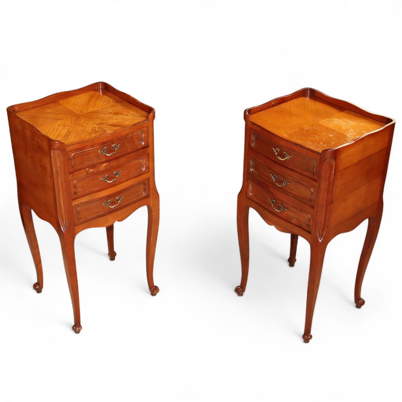 photo for sale Pair Of Vintage French Walnut Louis XV Style Bedside Chests / Nightstands