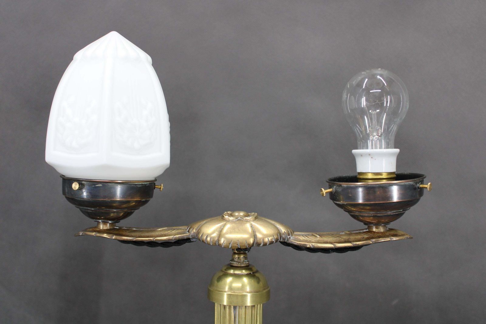 photo for sale 1930s Secession Brass And Glass Dual Desk Lamp, Czechoslovakia