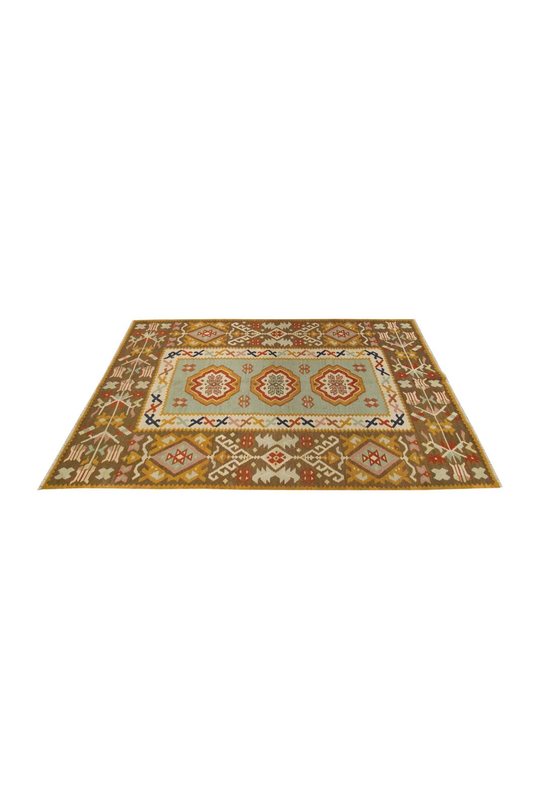 Antique Anatolian Kilim Rug, Flat Weave In Turquoise And Mustard Blue, 141 X 93 Cm photo Textiles