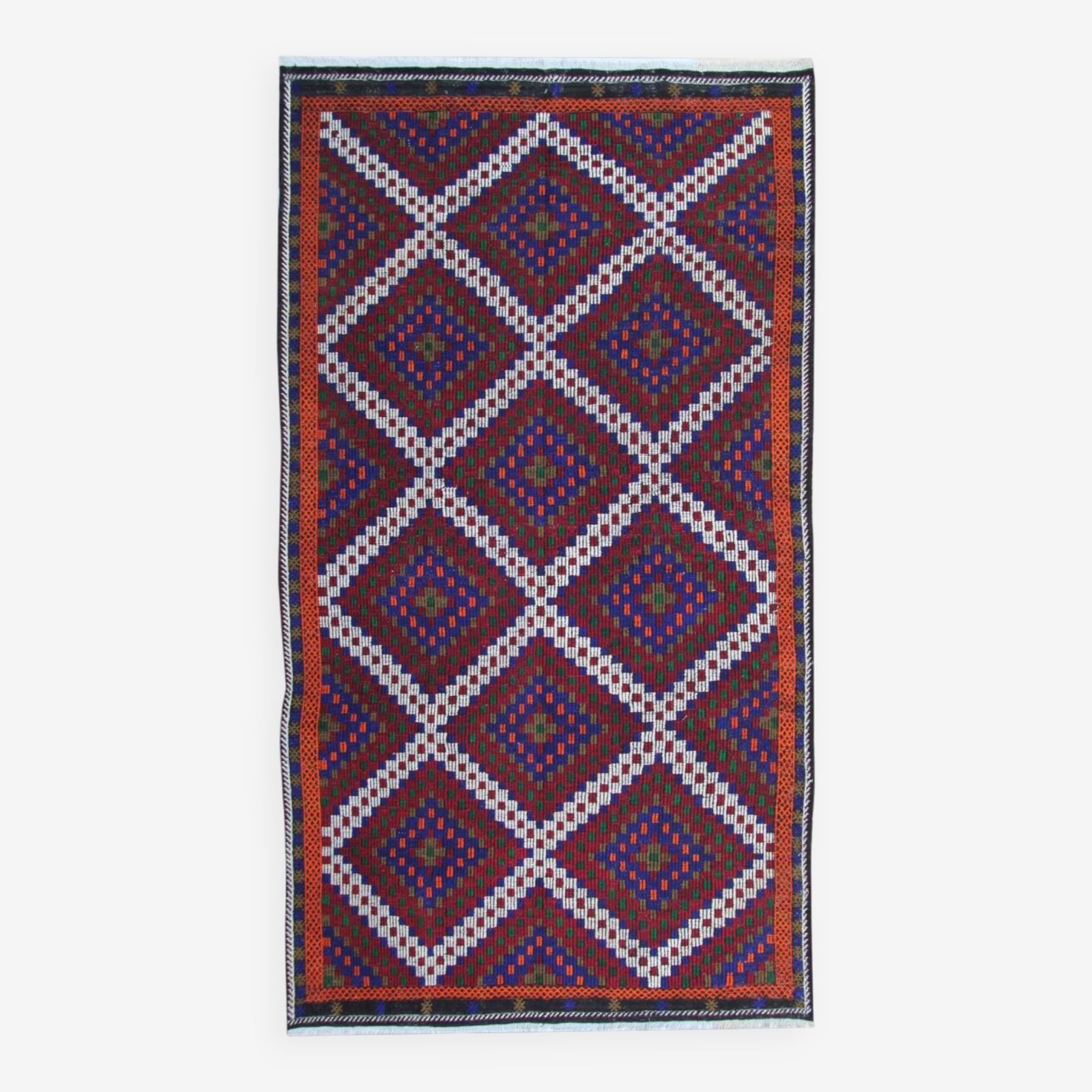 Turkman Kilim Rug, Flat Weave Geometric Burgundy And Navy Blue, 314 × 174 Cm
