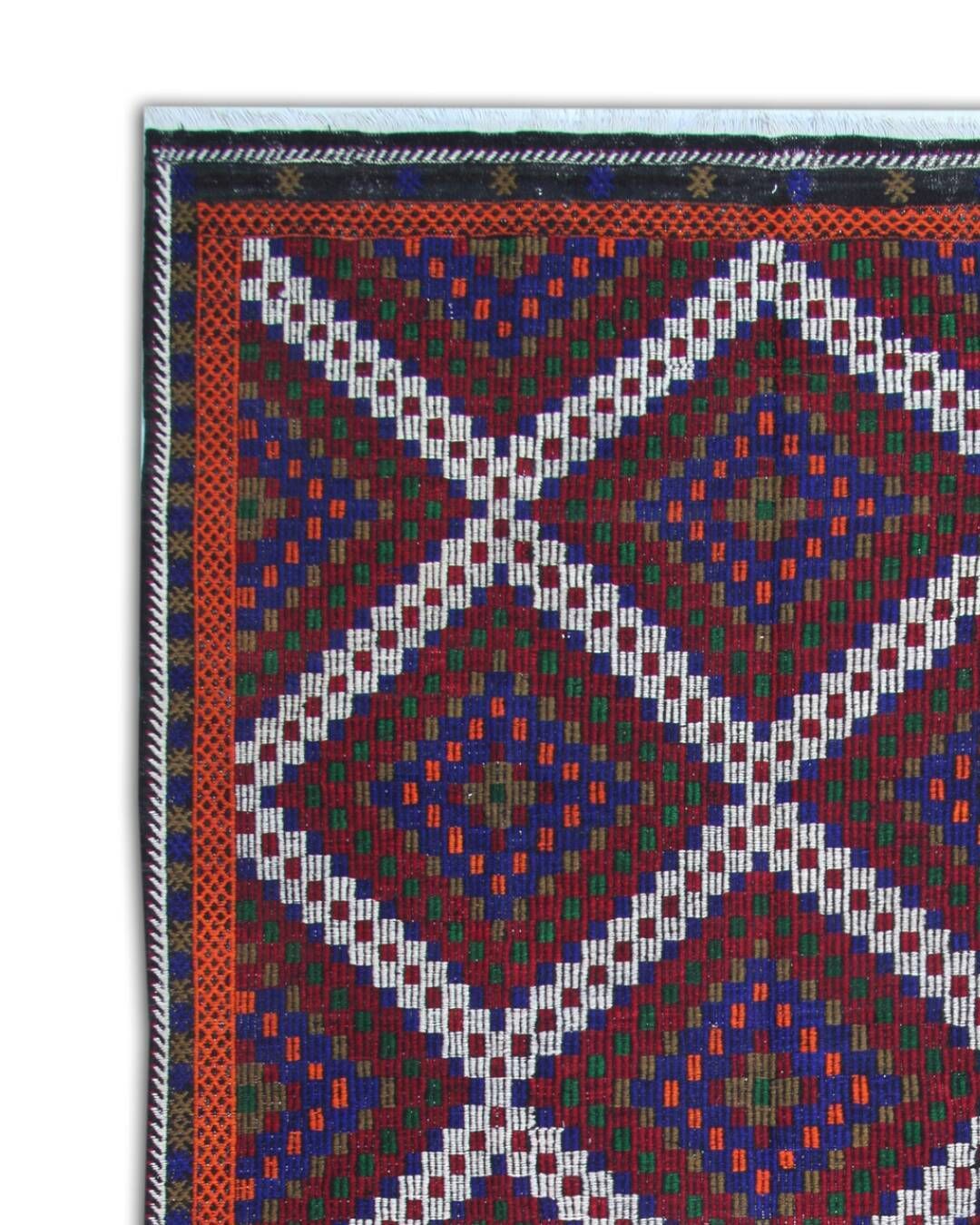 Turkman Kilim Rug, Flat Weave Geometric Burgundy And Navy Blue, 314 × 174 Cm photo vintage