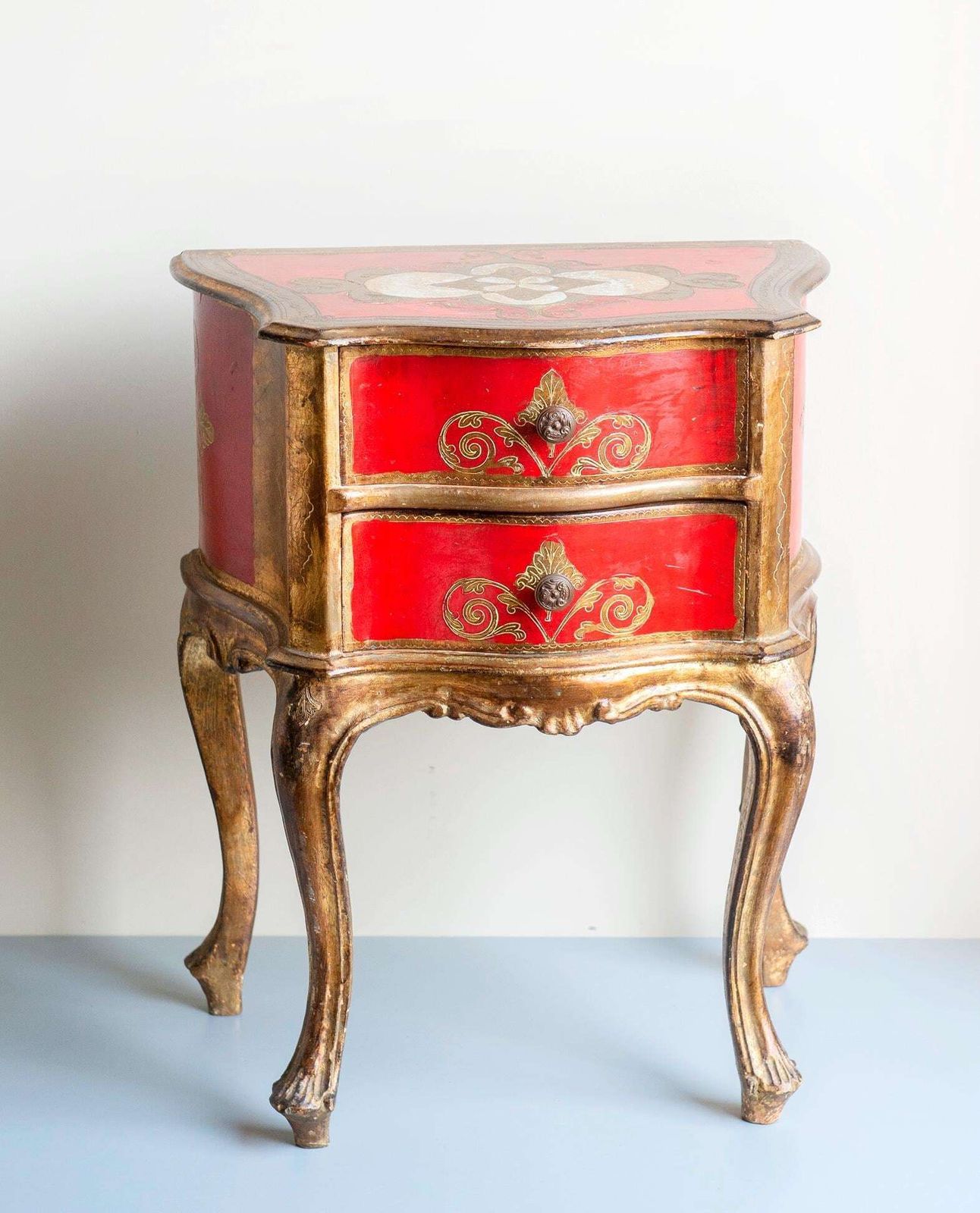Italian Chest With Two Drawers Vintage Florentine Cabinet 1960s Red Lacquered Cupboard Baroque Gilt Bedside Table Curved Legs photo buy