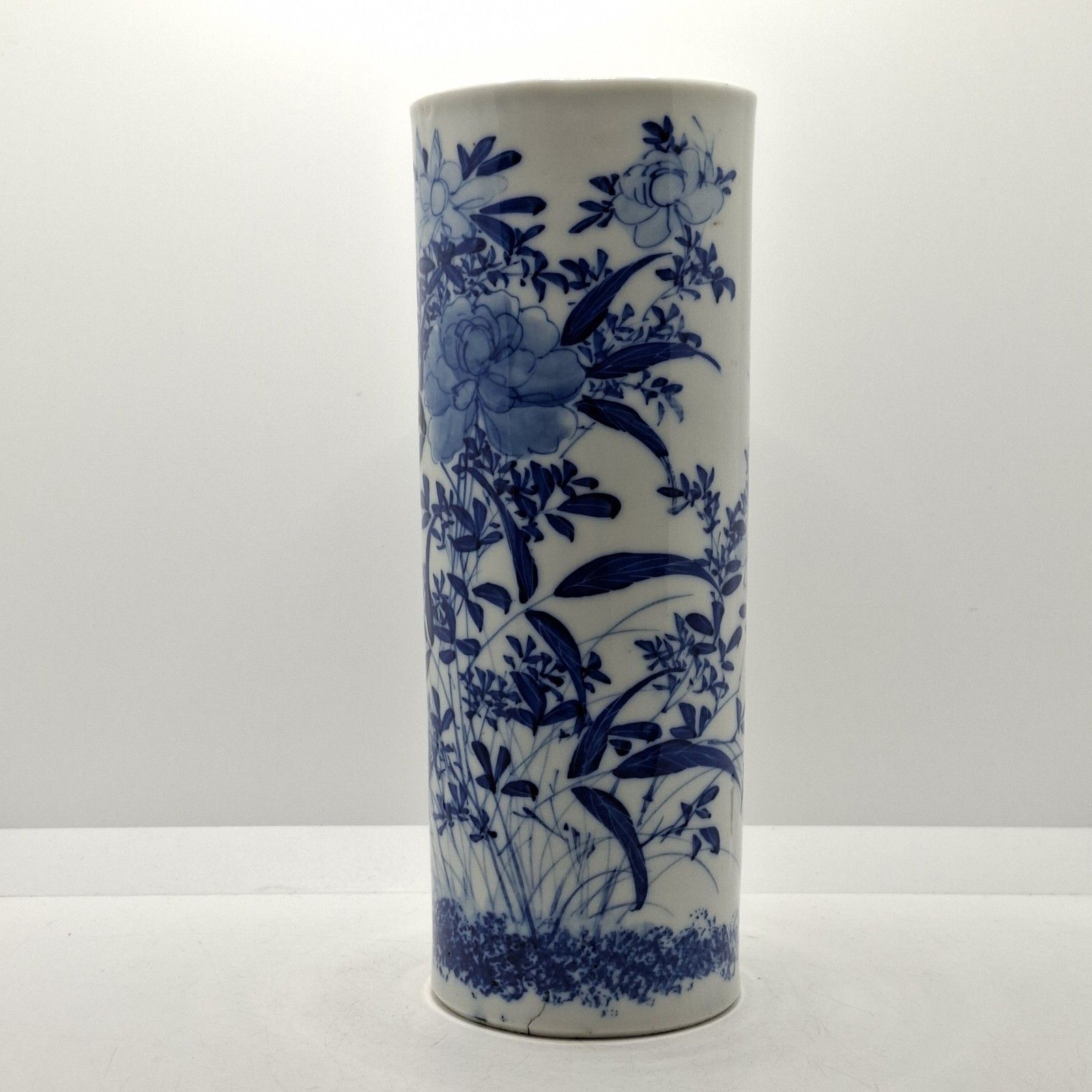 Japanese Seto Ware Porcelain Brush Pot Vase Meiji Era Antique Blue White Floral photo Home Decor
