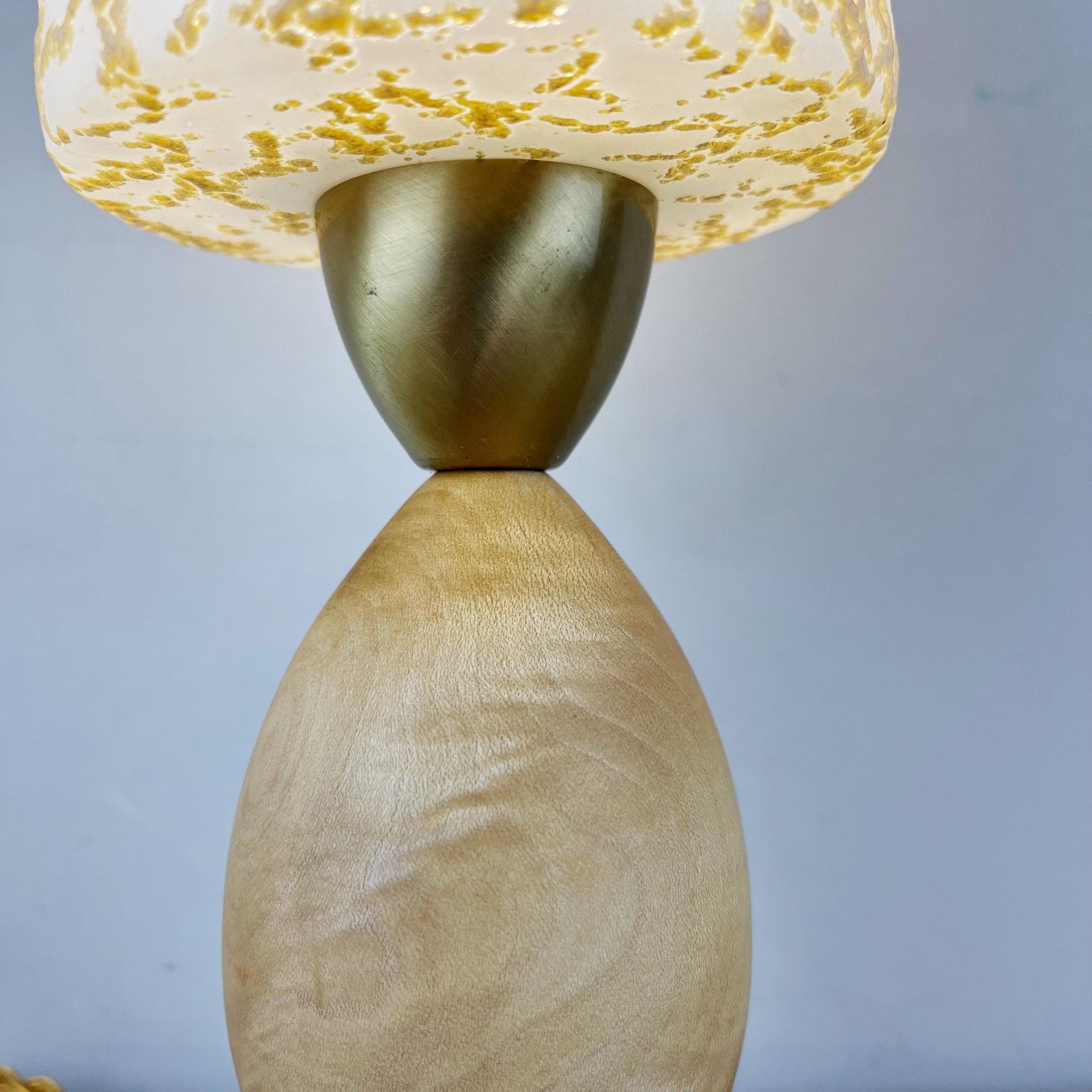 Vintage Atomic Wooden Tripod Lamp With White & Gold Glass Shade. photo vinterior