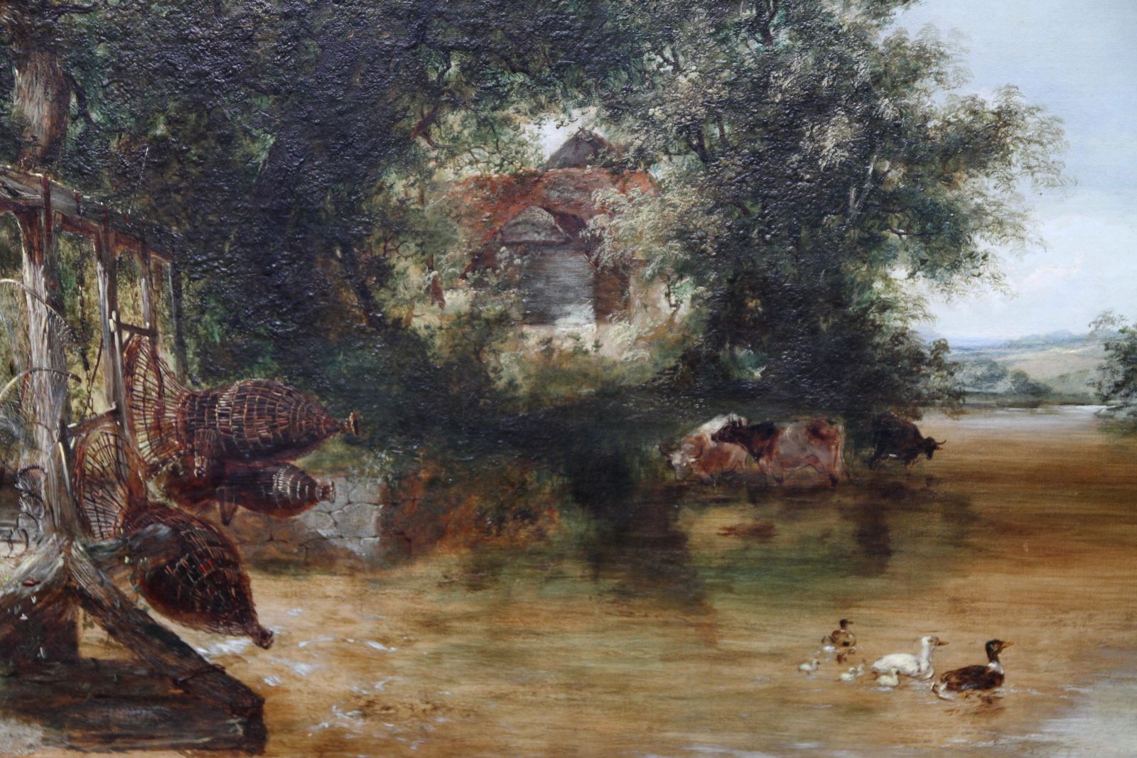 Pulling In The Creel Nets   British Victorian Art River Landscape Oil Paintingcirca 1865 photo vintage